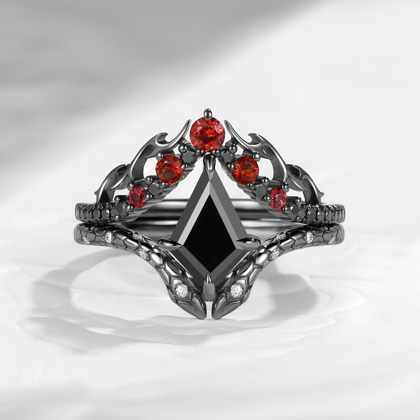 Gothic Kite Cut Black Moissanite 'Fiery Desire' Engagement Ring Set 2pcs - Serpent's Embrace