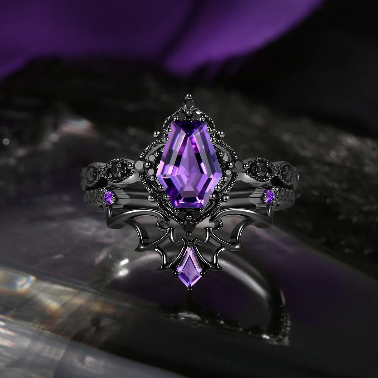 'Dark Romance' - Gothic Coffin Cut Amethyst Engagement Ring Set with Bat Wings in Black Gold