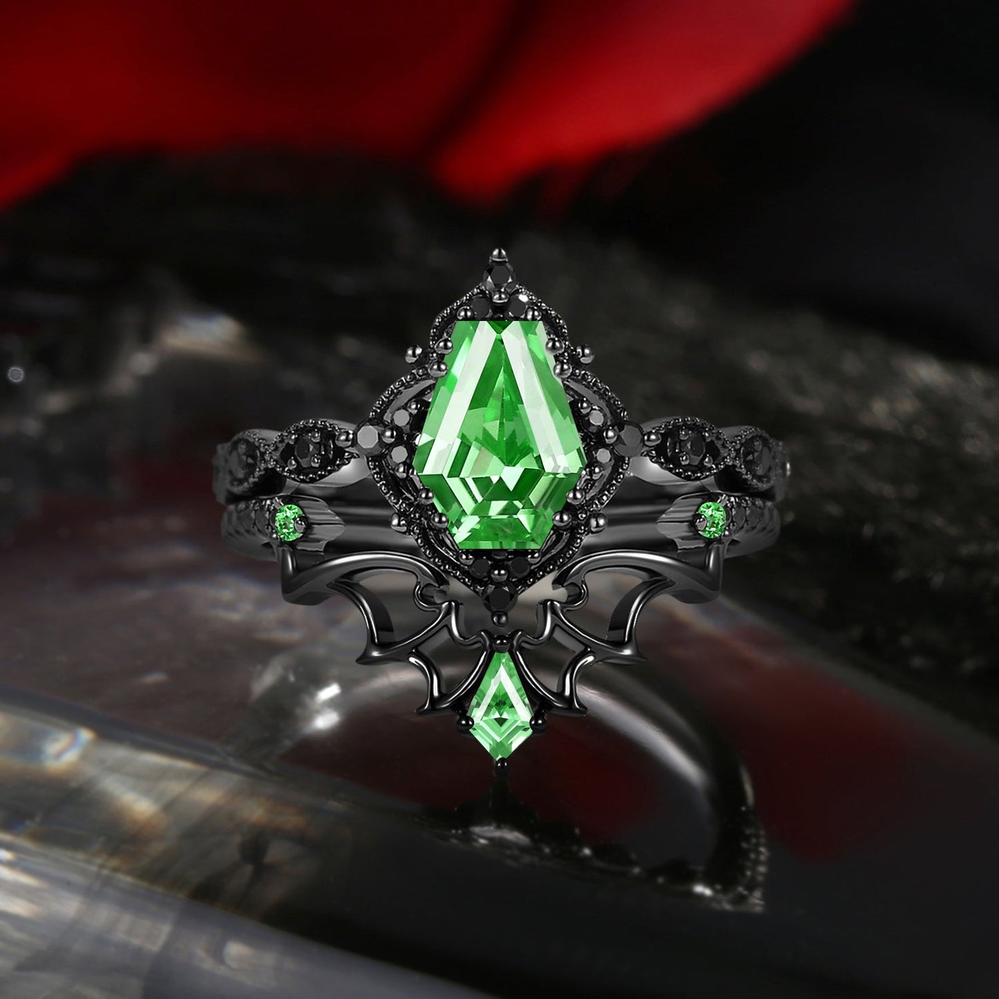 'Dark Romance' - Gothic Coffin Cut Lab Tsavorite Engagement Ring Set with Bat Wings in Black Gold - Bat Ring