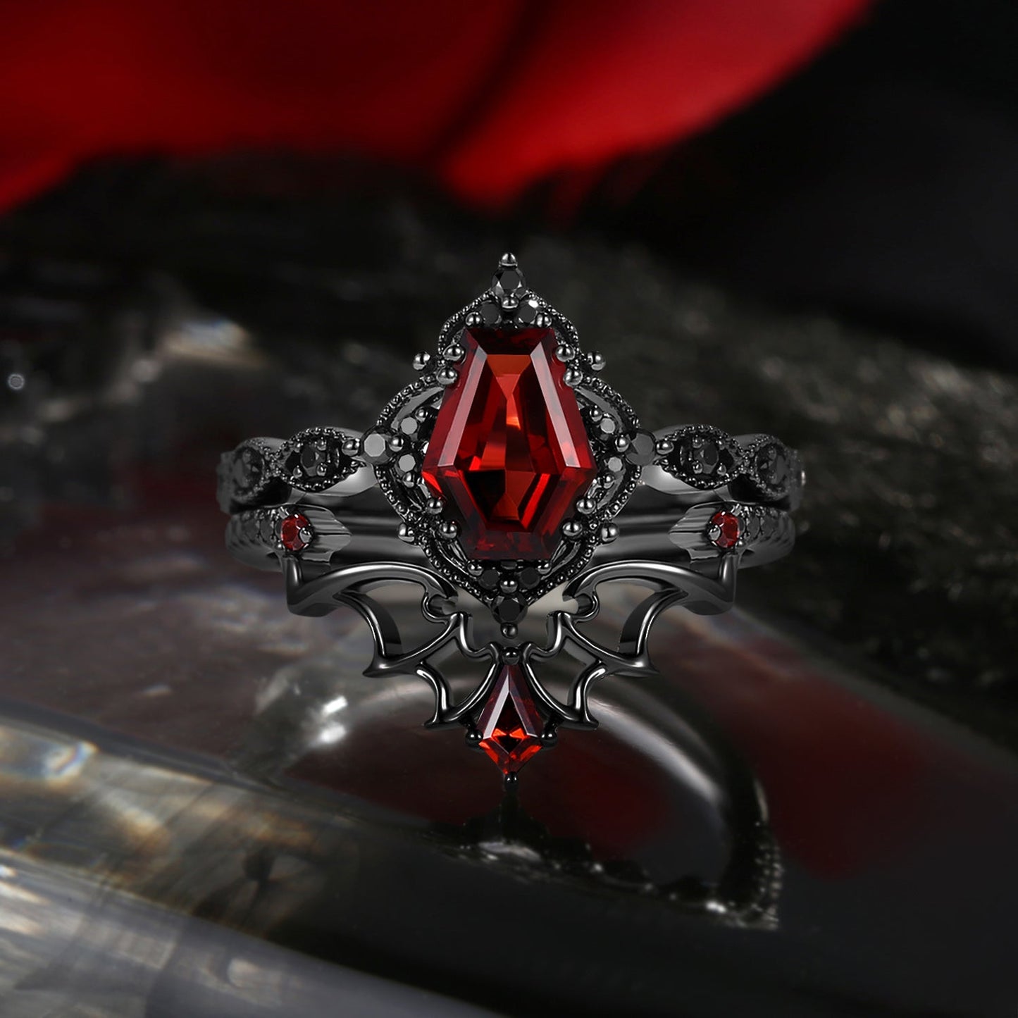 Gothic Style Coffin Garnet Bat Wing Inspired Black Gold Ring Jewelry Set - Bat Jewelry Box