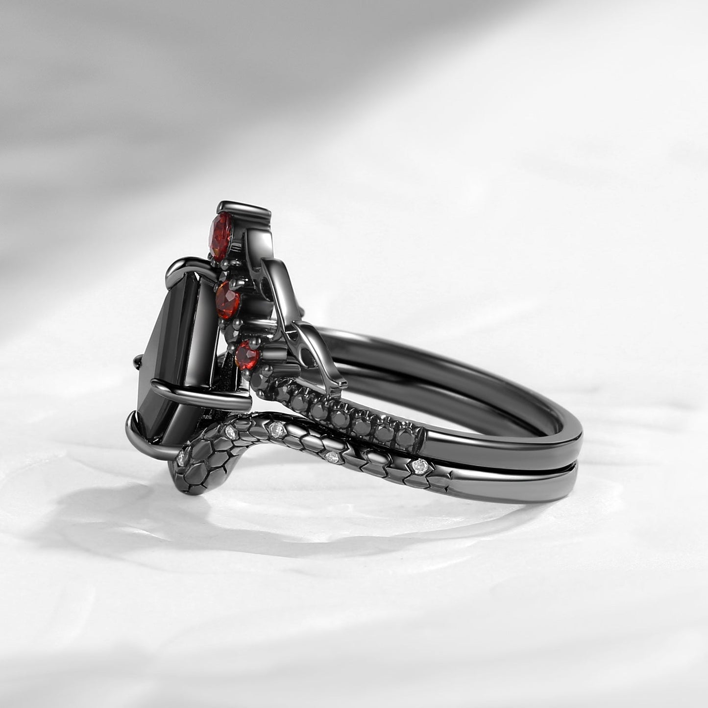 Gothic Kite Cut Black Moissanite 'Fiery Desire' Engagement Ring Set 2pcs - Serpent's Embrace