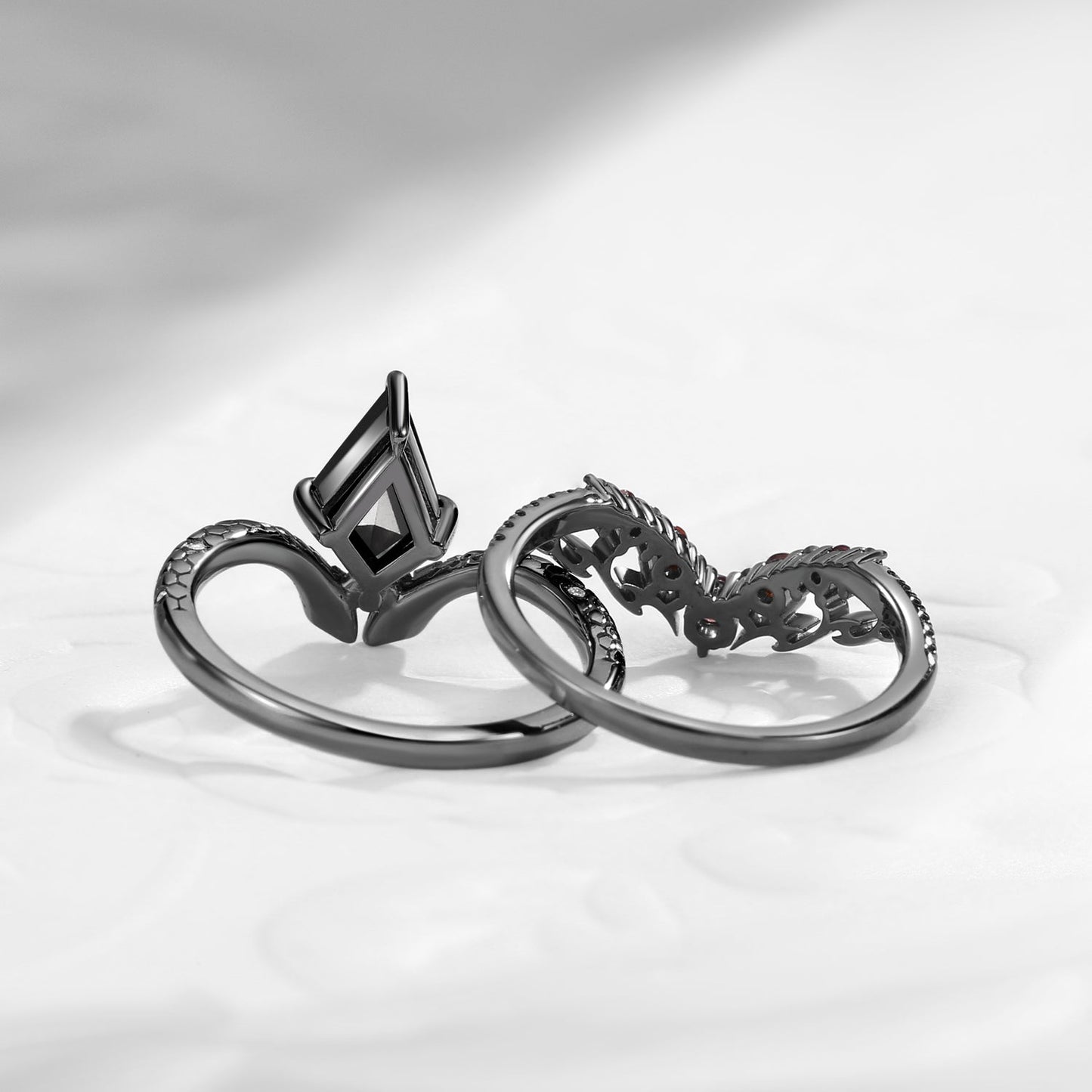 Gothic Kite Cut Black Moissanite 'Fiery Desire' Engagement Ring Set 2pcs - Serpent's Embrace