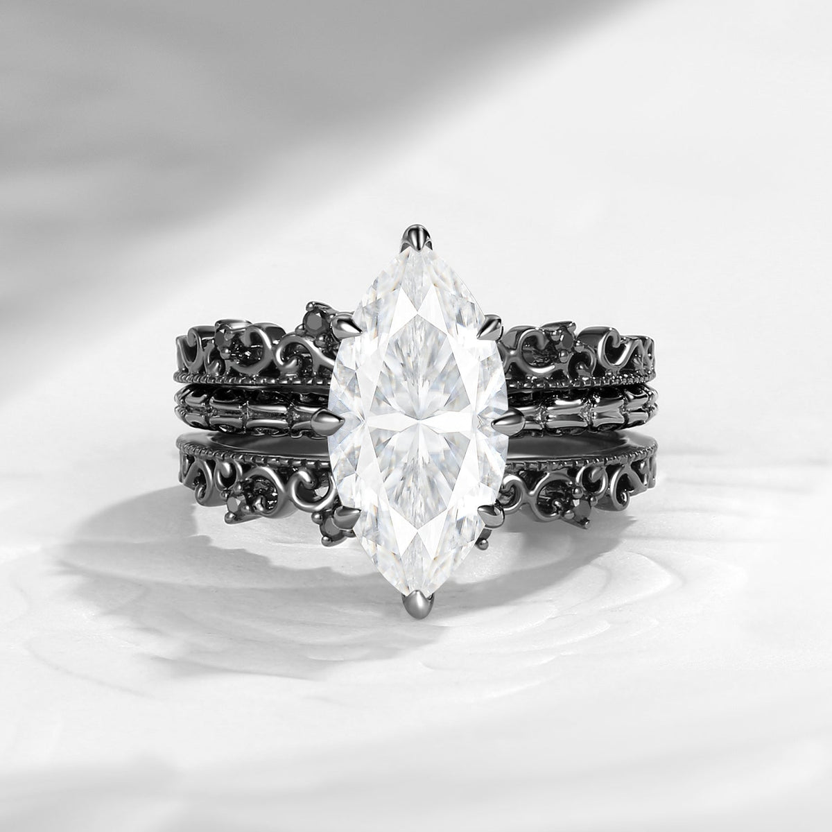 Gothic Black Gold Vine And Thorns & Roses Marquise Moissanite Engagement Ring 3pcs