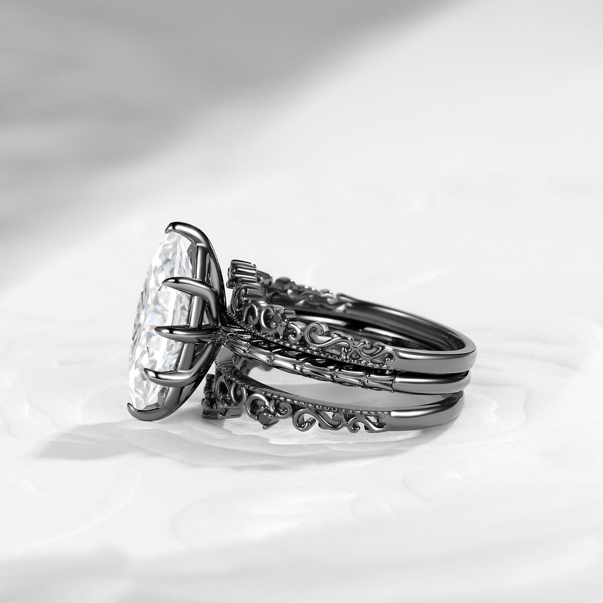Gothic Black Gold Vine And Thorns & Roses Marquise Moissanite Engagement Ring 3pcs