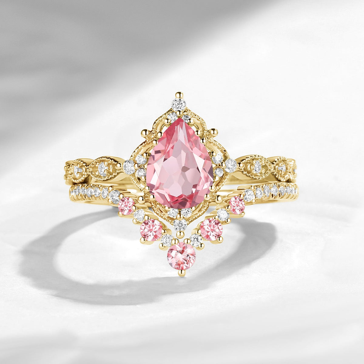 Antique Pear Cut Lab Pink Sapphire Engagement Ring 2pcs