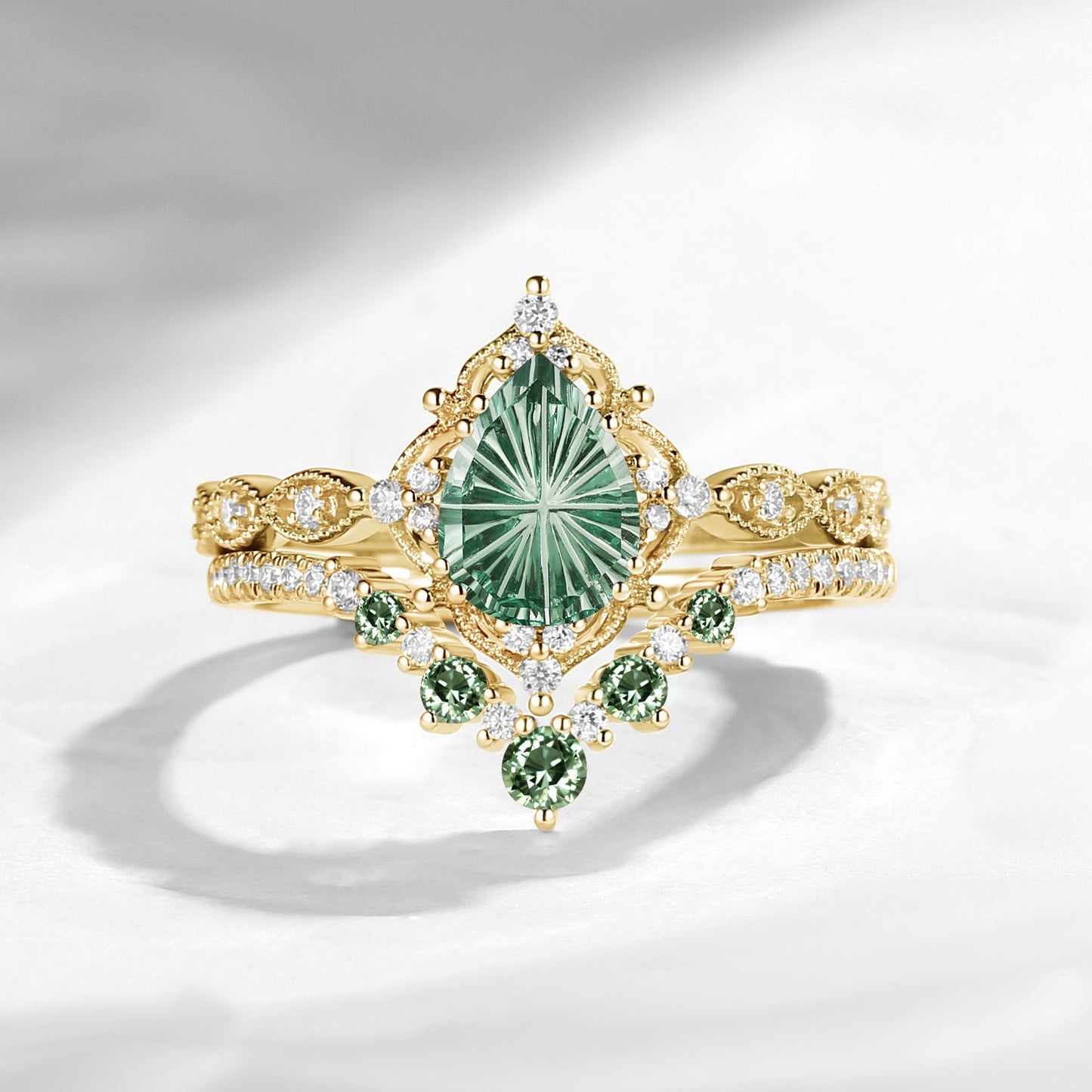Antique Fantasy Carved Pear Lab Green Sapphire Engagement Ring