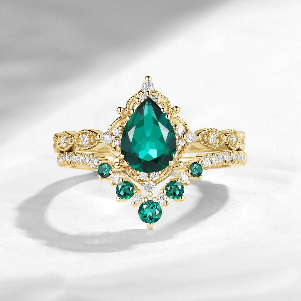 Antique Pear Cut Lab Emerald Engagement Ring 2pcs