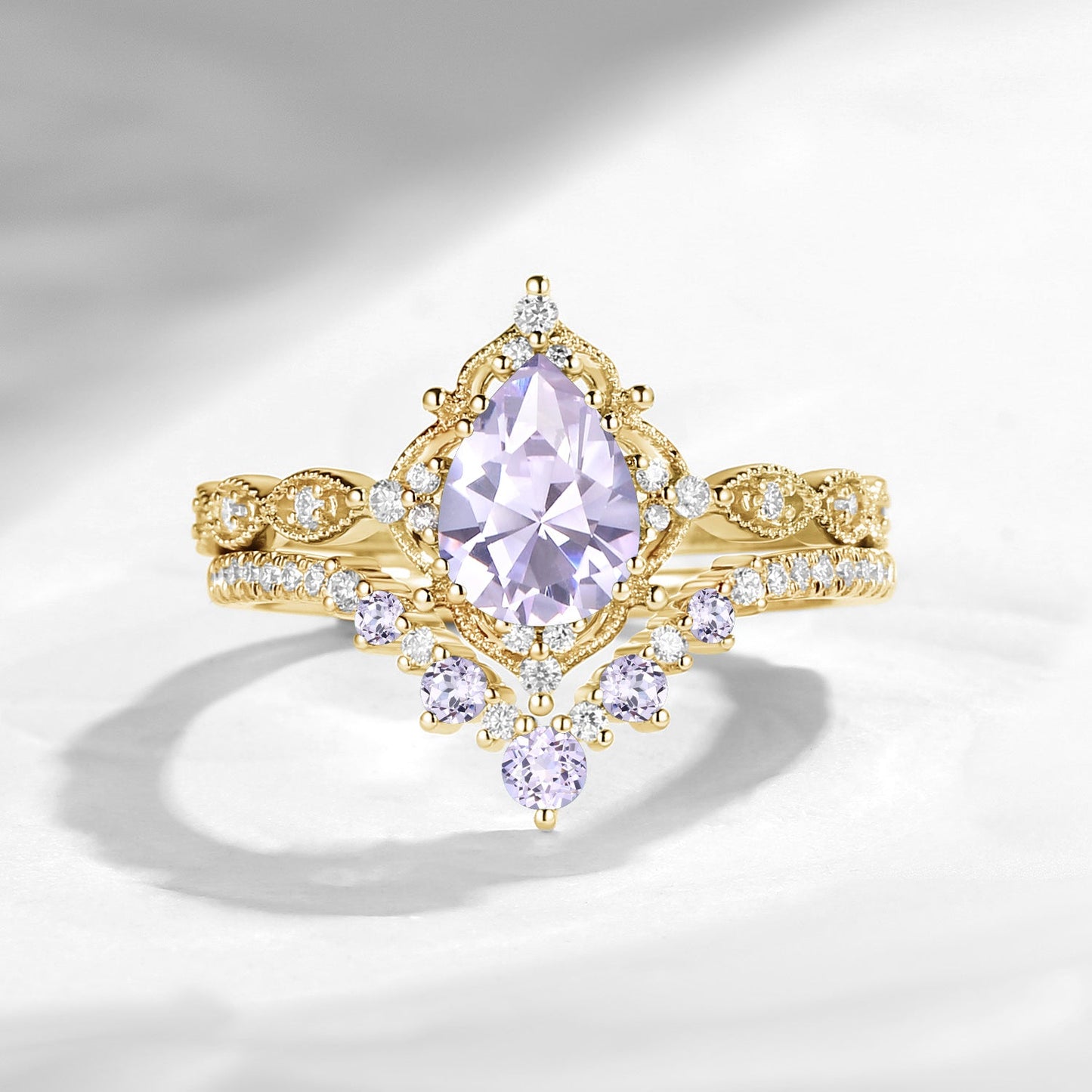 Antique Pear Cut Lab Lavender Sapphire Engagement Ring 2pcs