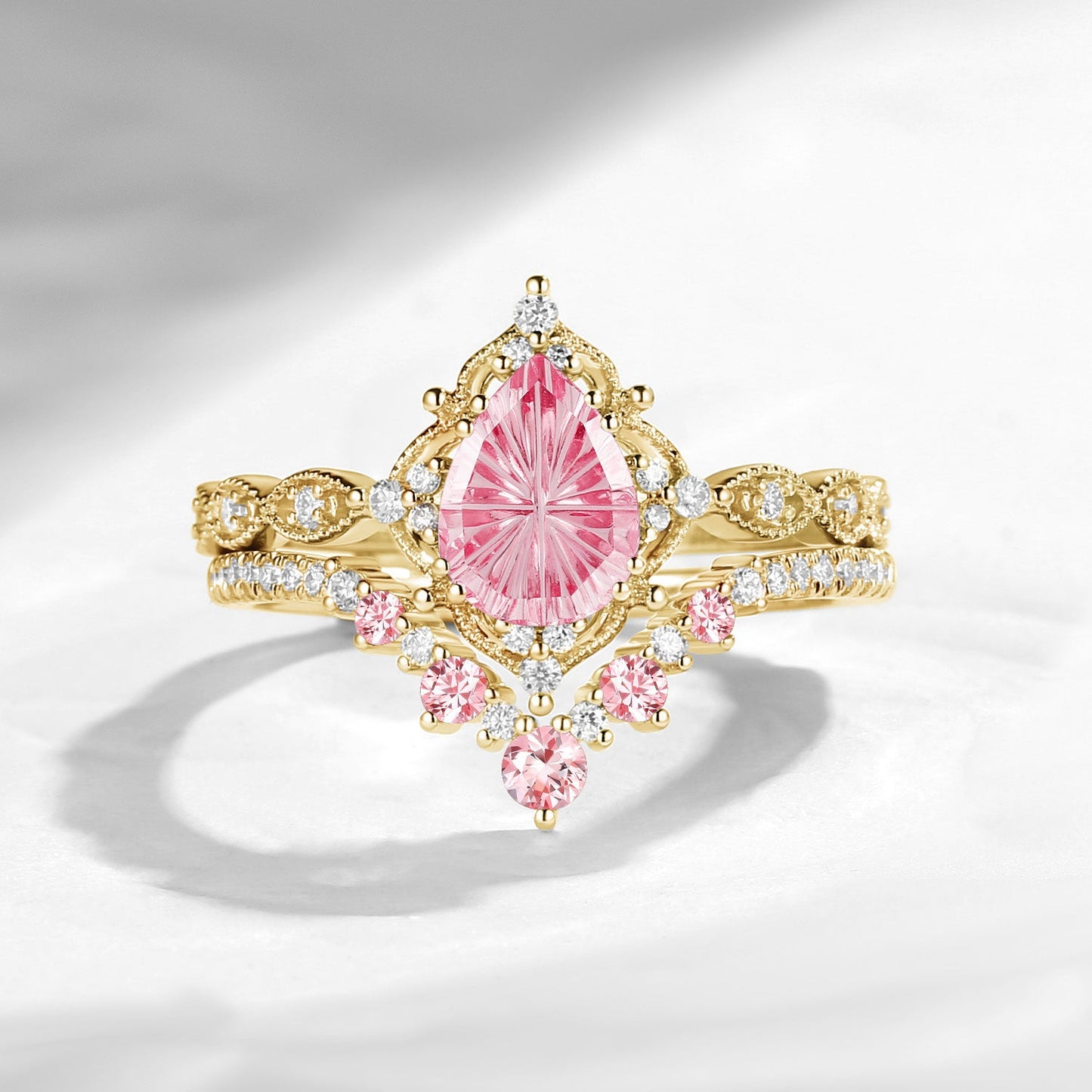 Vintage Inspired - Fantasy Cut Pear Lab Pink Sapphire Engagement Ring Set with Milgrain Detailing