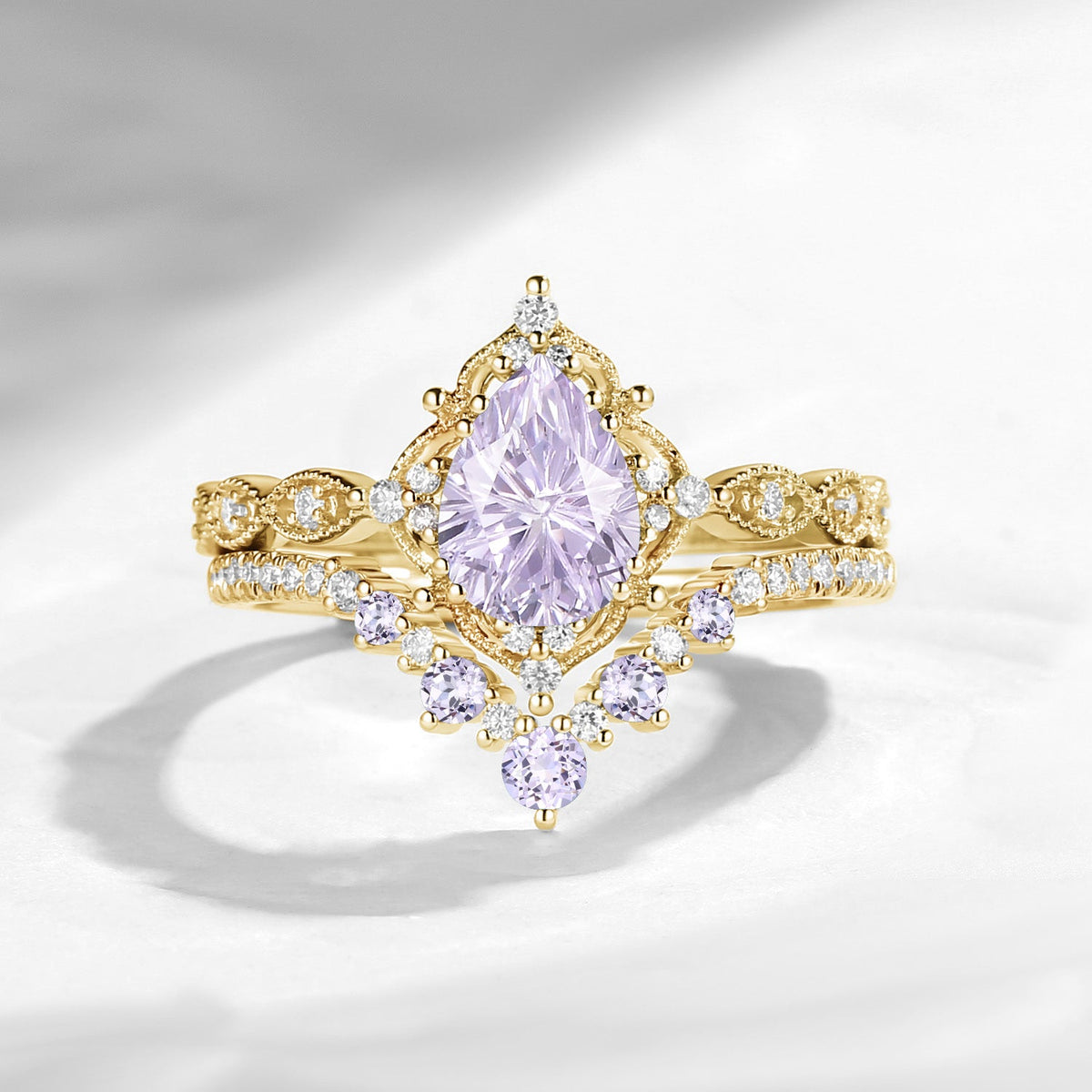 Antique Firework Cut Pear Lab Lavender Sapphire Engagement Ring 2pcs