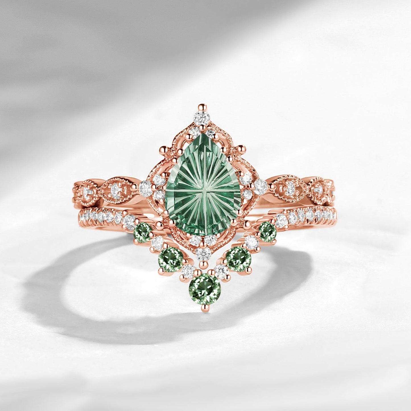 Antique Fantasy Carved Pear Lab Green Sapphire Engagement Ring
