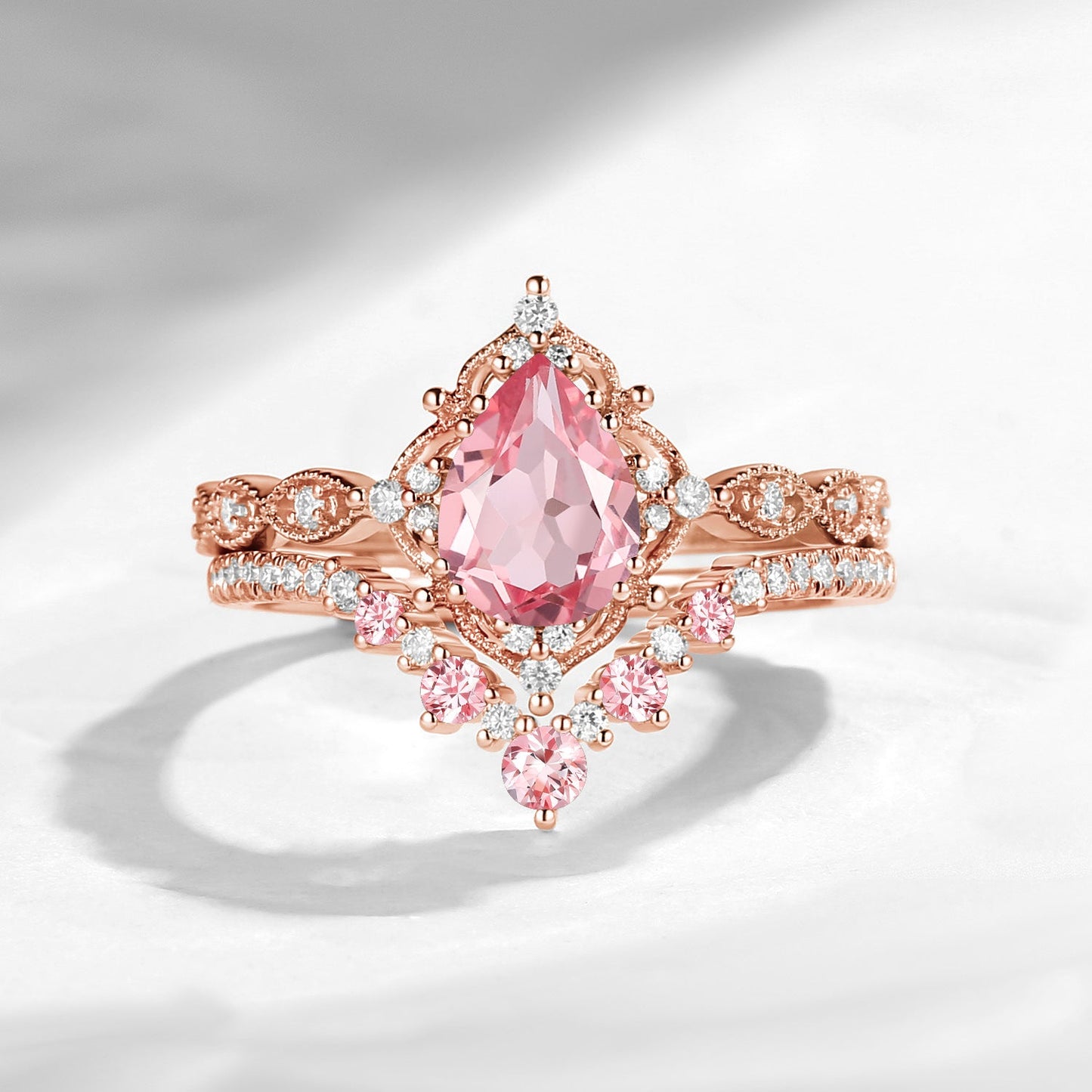 Antique Pear Cut Lab Pink Sapphire Engagement Ring 2pcs
