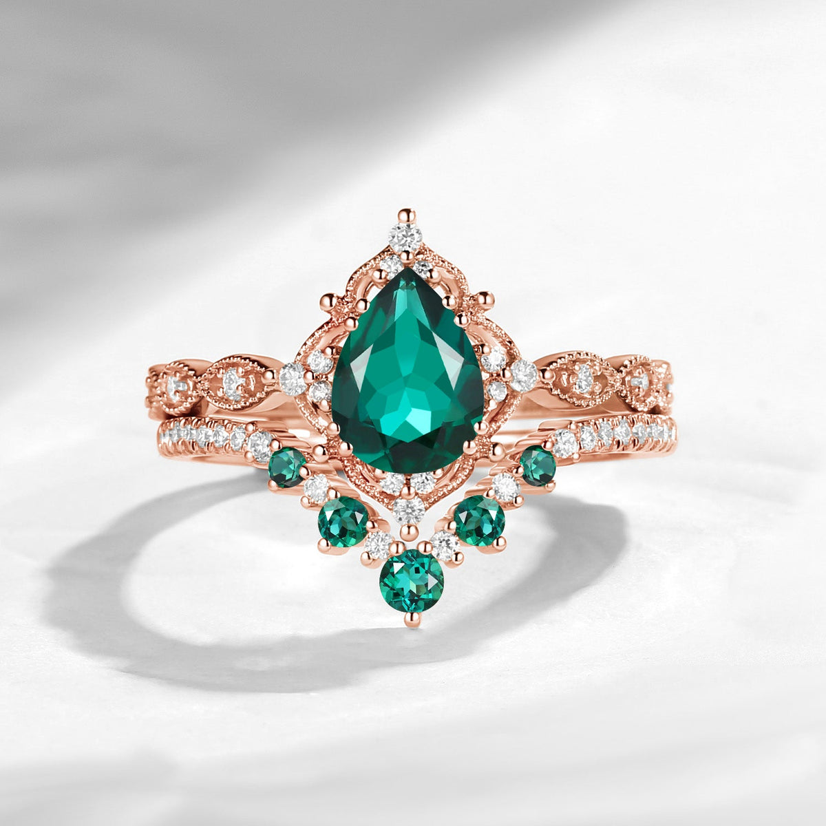 Antique Pear Cut Lab Emerald Engagement Ring 2pcs