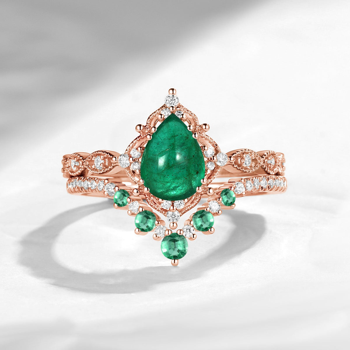 Antique Pear Cut Natural Emerald Engagement Ring 2pcs