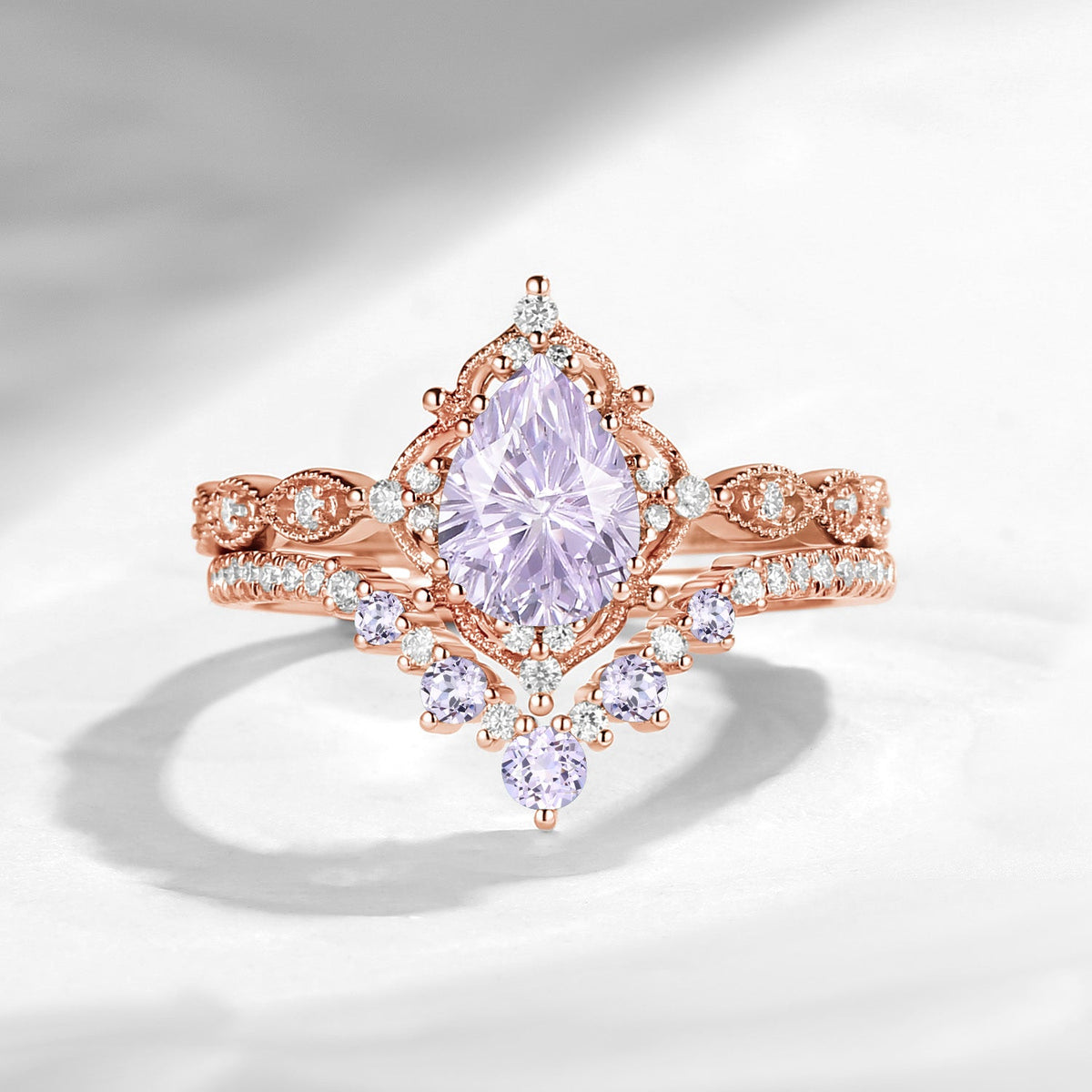 Antique Firework Cut Pear Lab Lavender Sapphire Engagement Ring 2pcs