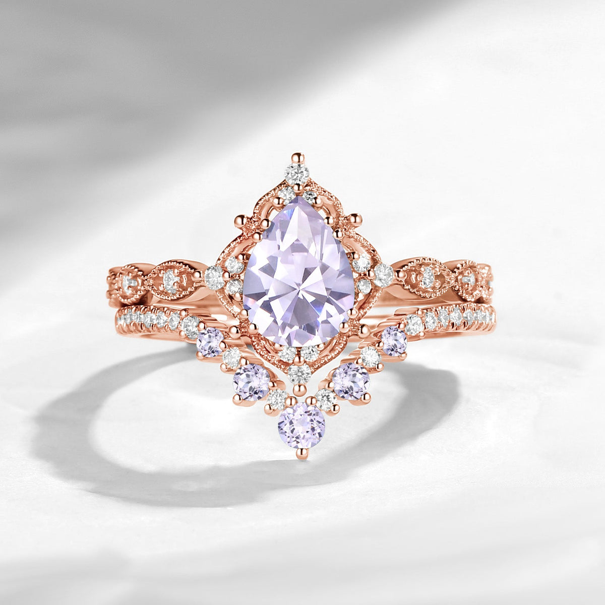 Antique Pear Cut Lab Lavender Sapphire Engagement Ring 2pcs