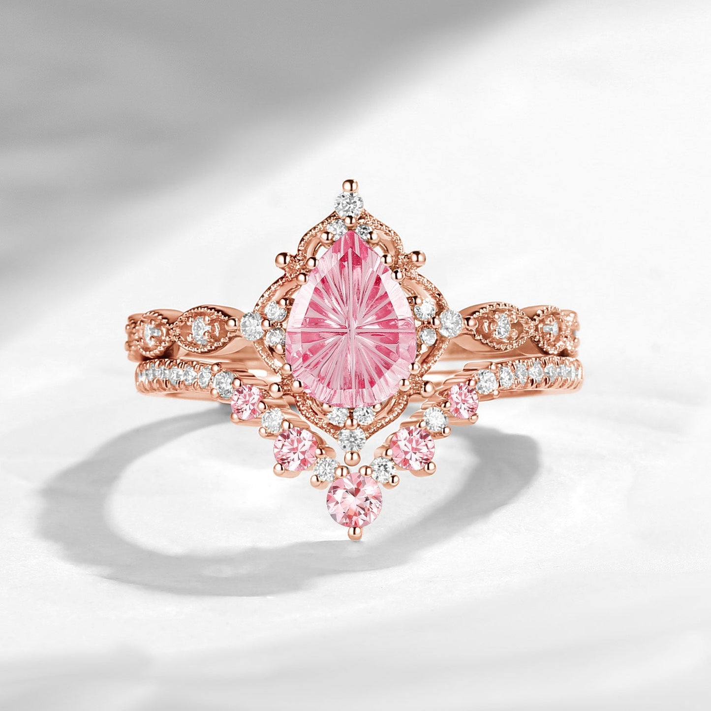 Vintage Inspired - Fantasy Cut Pear Lab Pink Sapphire Engagement Ring Set with Milgrain Detailing