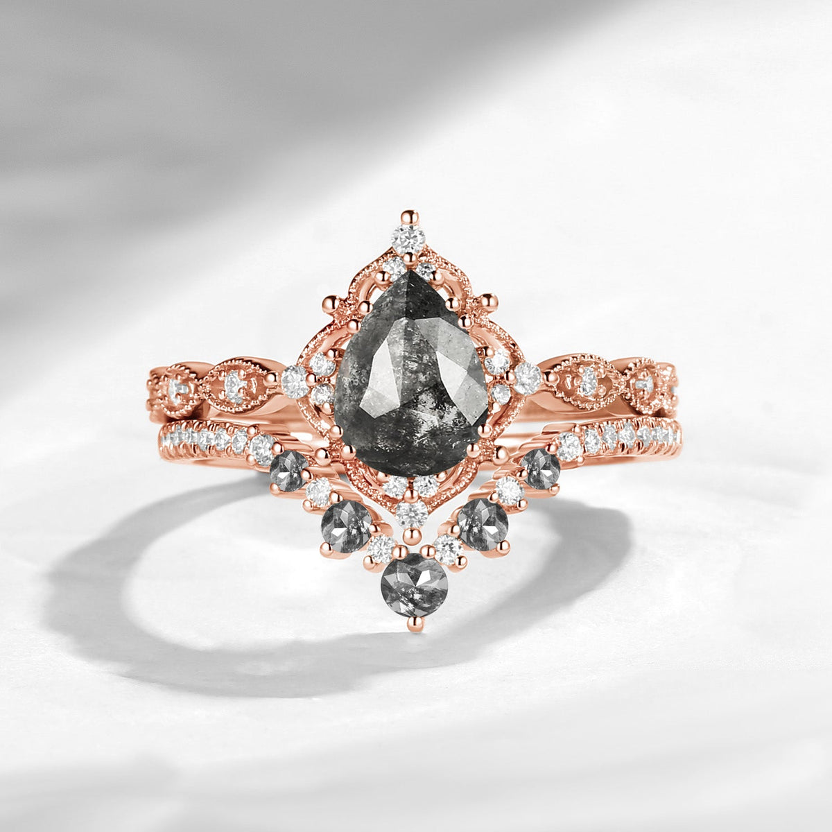 Vintage Inspired Antique Pear Cut Salt & Pepper Diamond Engagement Ring 2pcs