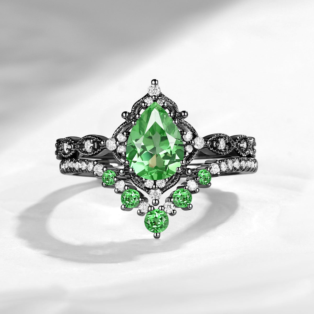 Antique Pear Cut Lab Tsavorite Engagement Ring 2pcs