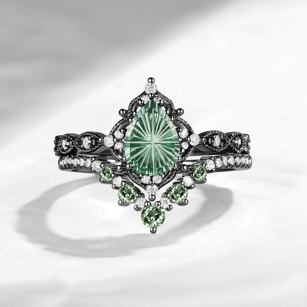 Antique Fantasy Carved Pear Lab Green Sapphire Engagement Ring