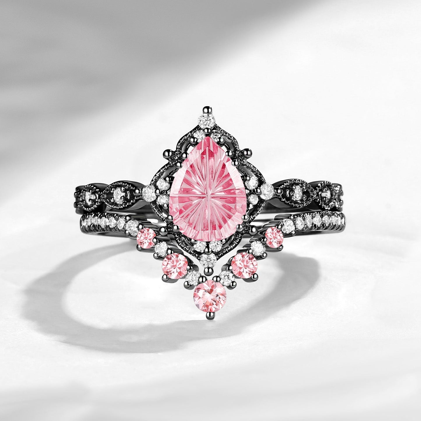 Vintage Inspired - Fantasy Cut Pear Lab Pink Sapphire Engagement Ring Set with Milgrain Detailing