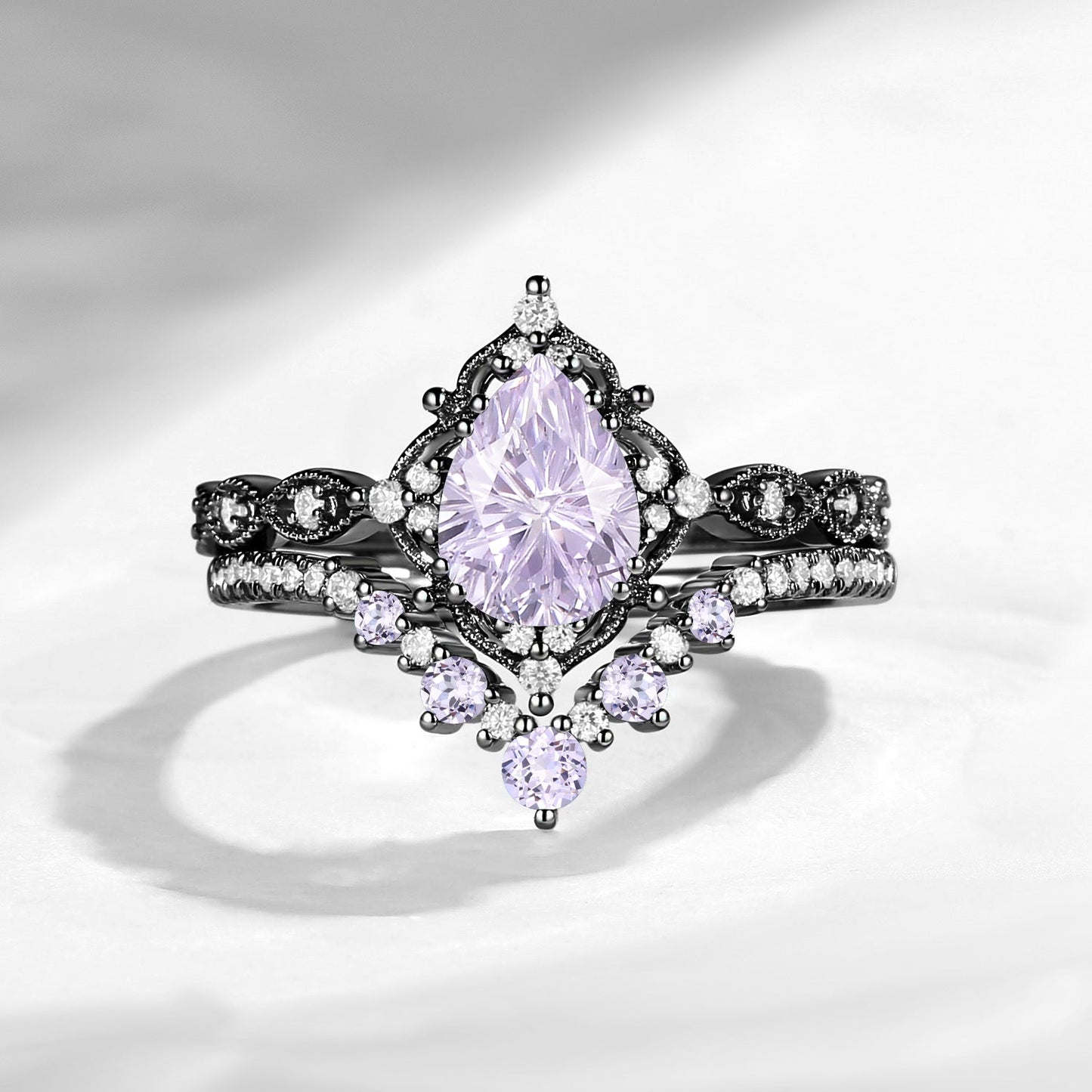 Antique Firework Cut Pear Lab Lavender Sapphire Engagement Ring 2pcs