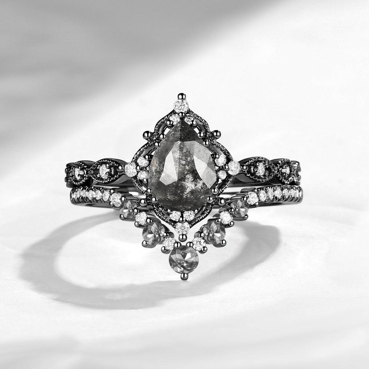 Vintage Inspired Antique Pear Cut Salt & Pepper Diamond Engagement Ring 2pcs