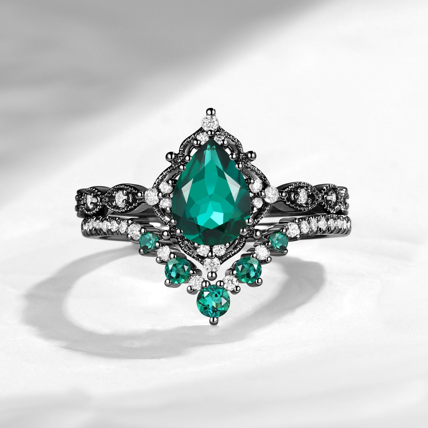 Antique Pear Cut Lab Emerald Engagement Ring 2pcs