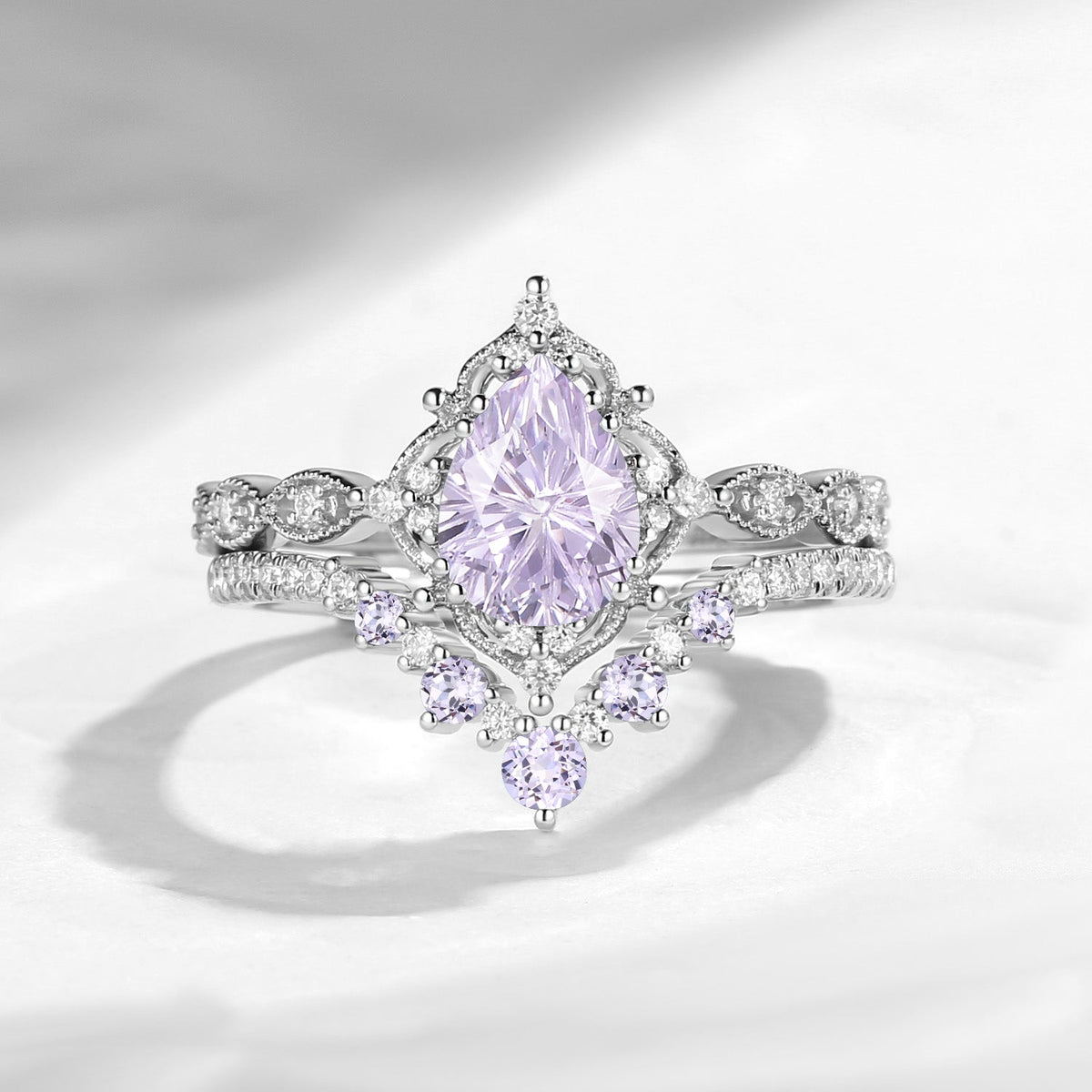 Antique Firework Cut Pear Lab Lavender Sapphire Engagement Ring 2pcs