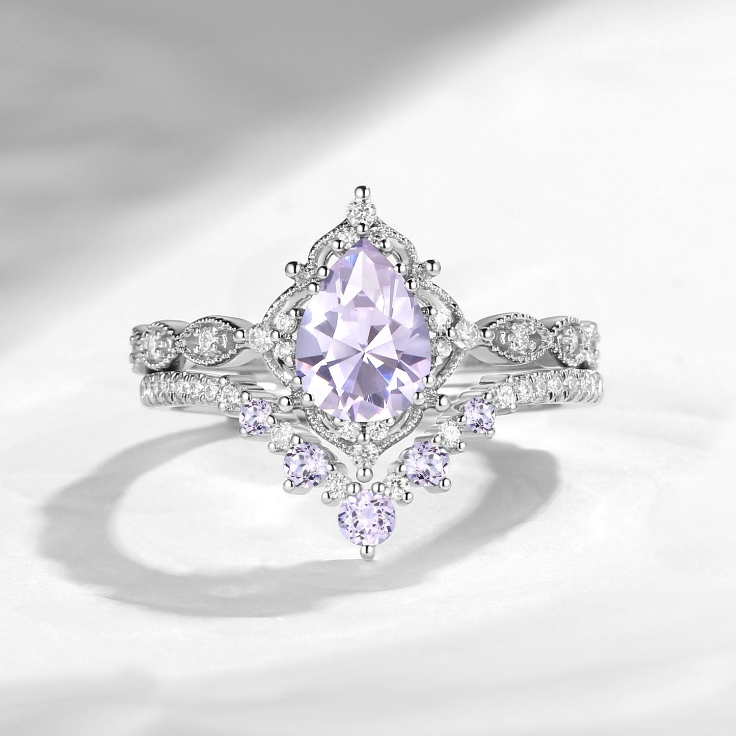 Antique Pear Cut Lab Lavender Sapphire Engagement Ring 2pcs