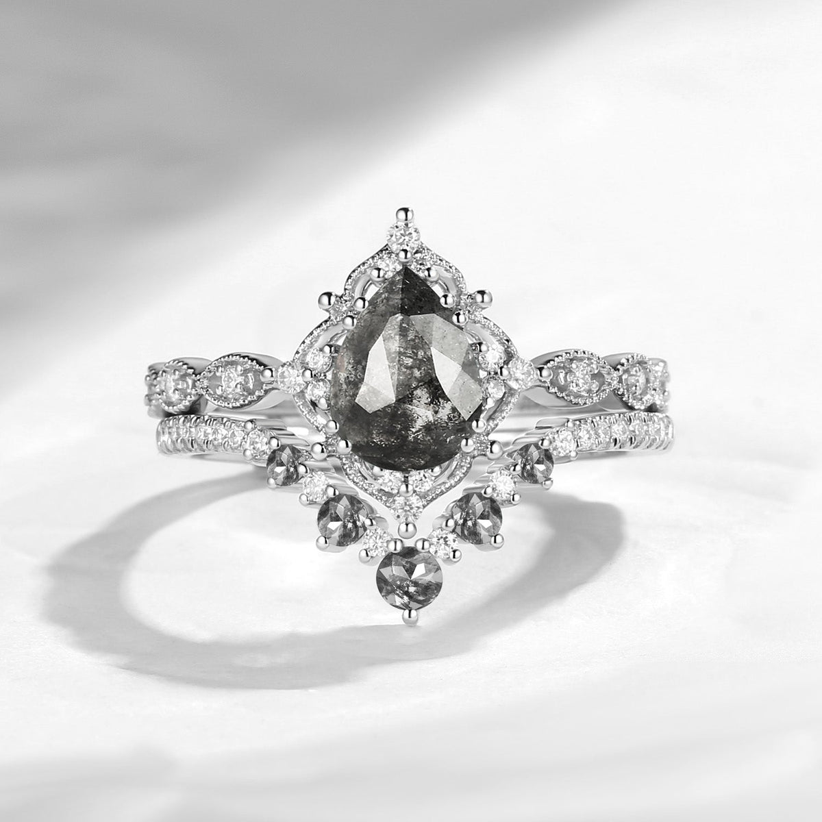 Vintage Inspired Antique Pear Cut Salt & Pepper Diamond Engagement Ring 2pcs