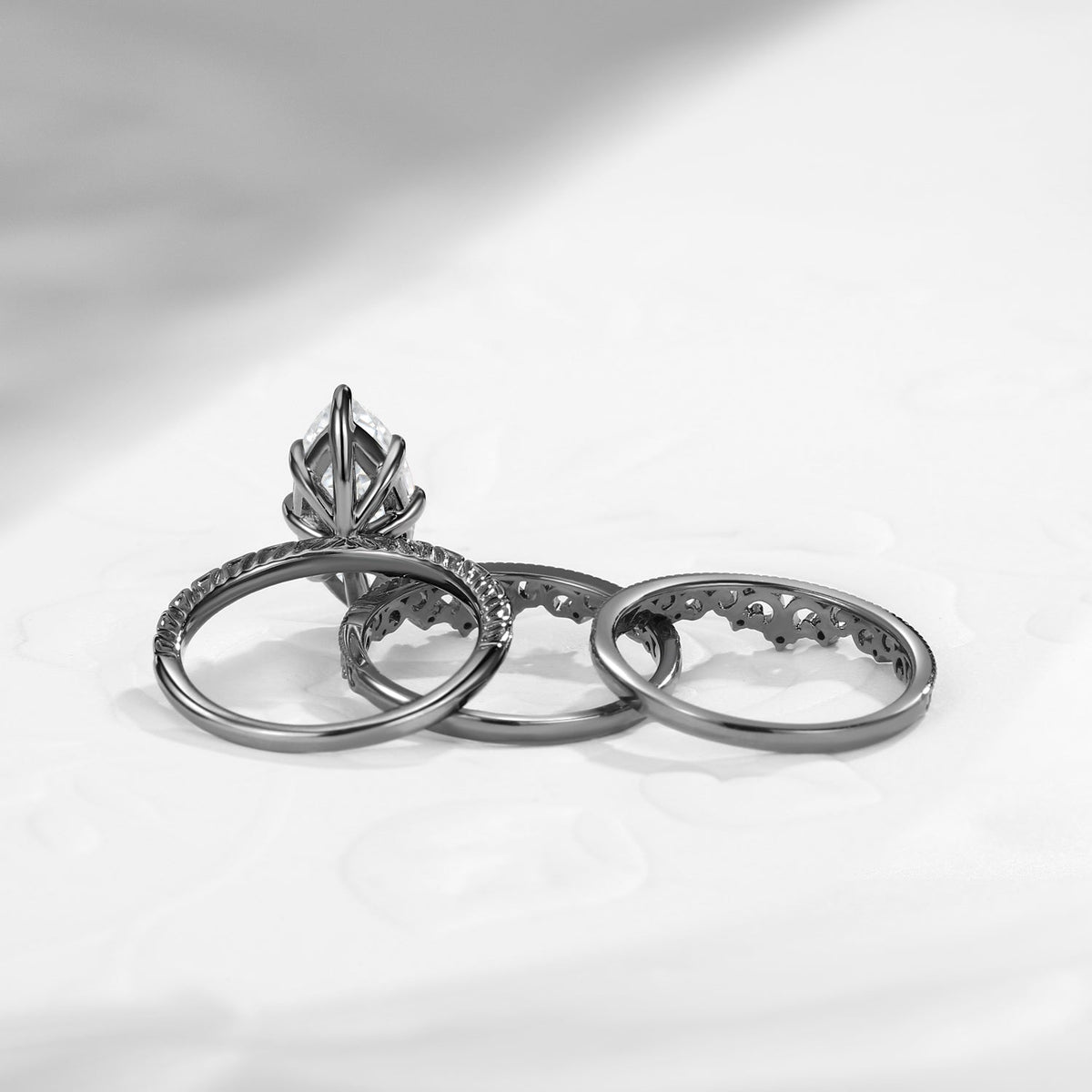 Gothic Black Gold Vine And Thorns & Roses Marquise Moissanite Engagement Ring 3pcs