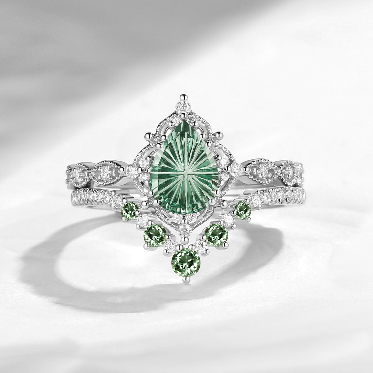 Antique Fantasy Carved Pear Lab Green Sapphire Engagement Ring