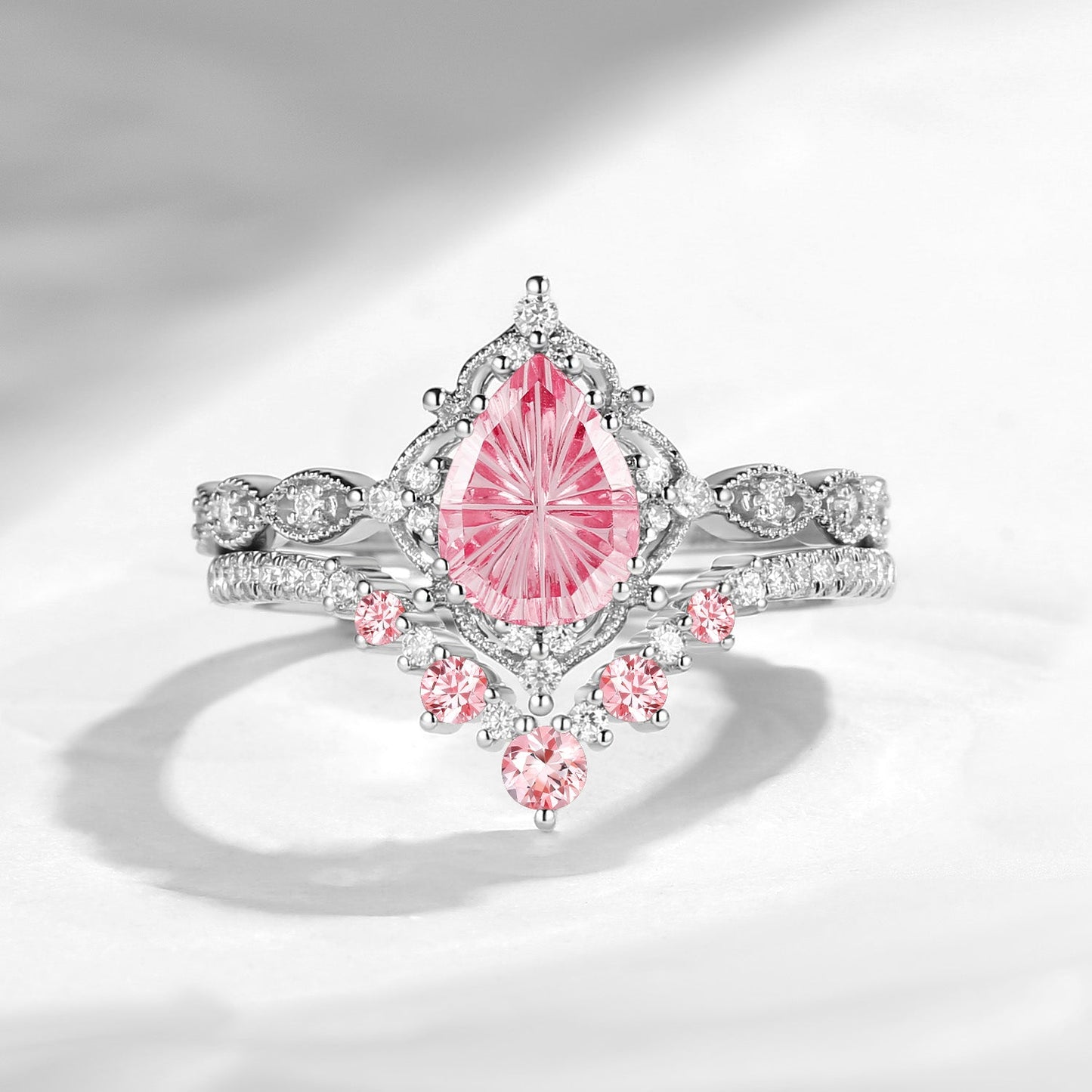 Vintage Inspired - Fantasy Cut Pear Lab Pink Sapphire Engagement Ring Set with Milgrain Detailing