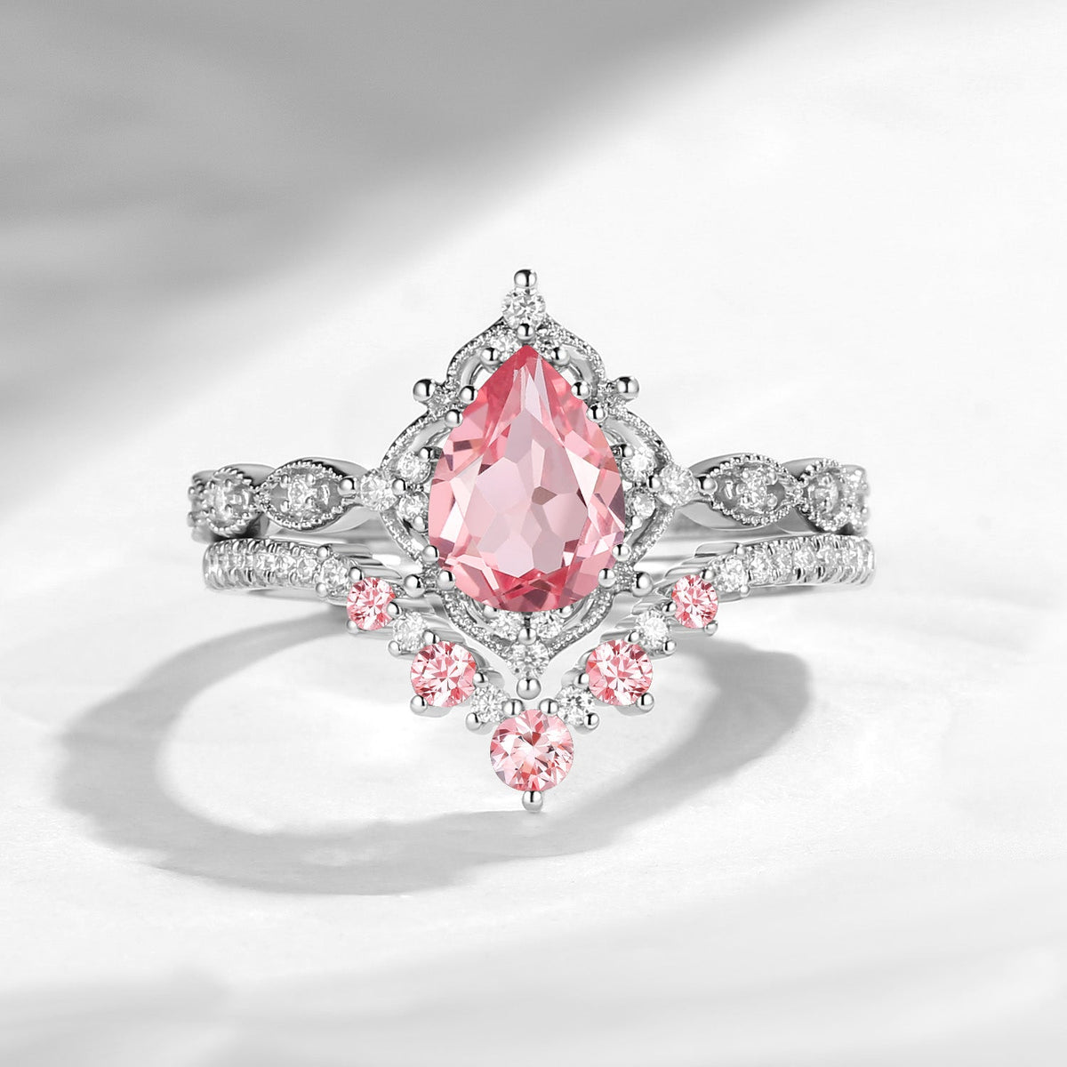 Antique Pear Cut Lab Pink Sapphire Engagement Ring 2pcs