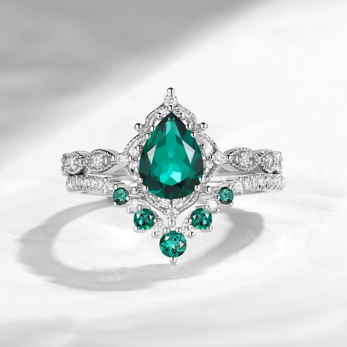 Antique Pear Cut Lab Emerald Engagement Ring 2pcs