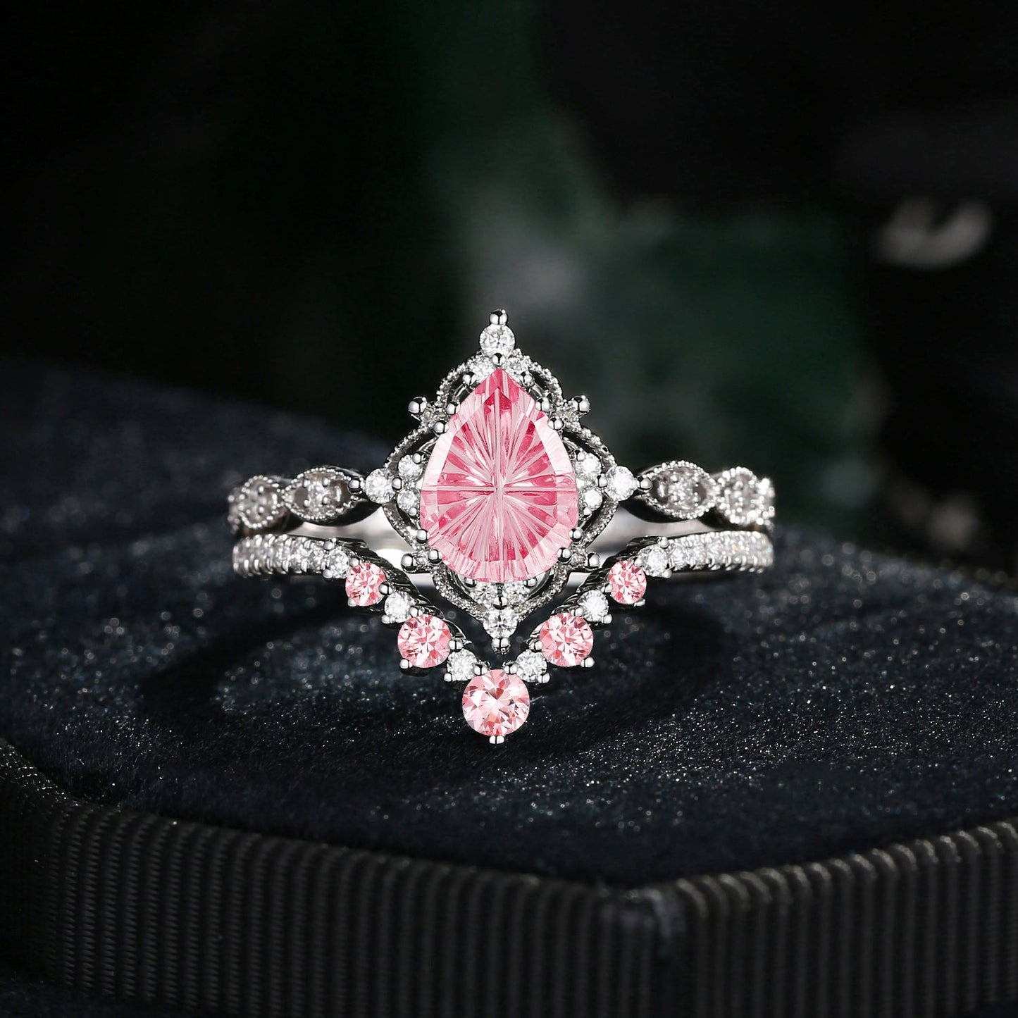 Vintage Inspired - Fantasy Cut Pear Lab Pink Sapphire Engagement Ring Set with Milgrain Detailing