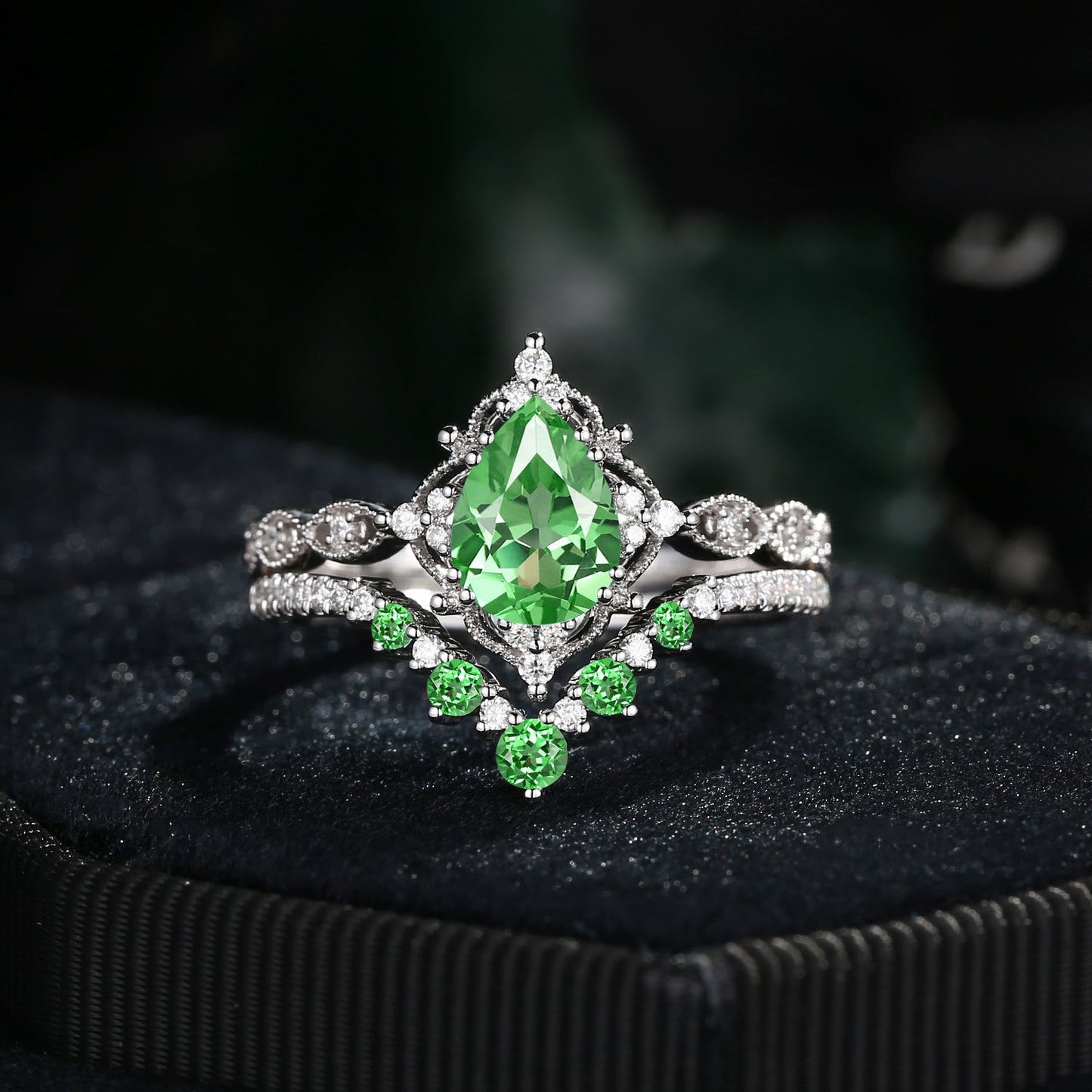 Antique Pear Cut Lab Tsavorite Engagement Ring 2pcs