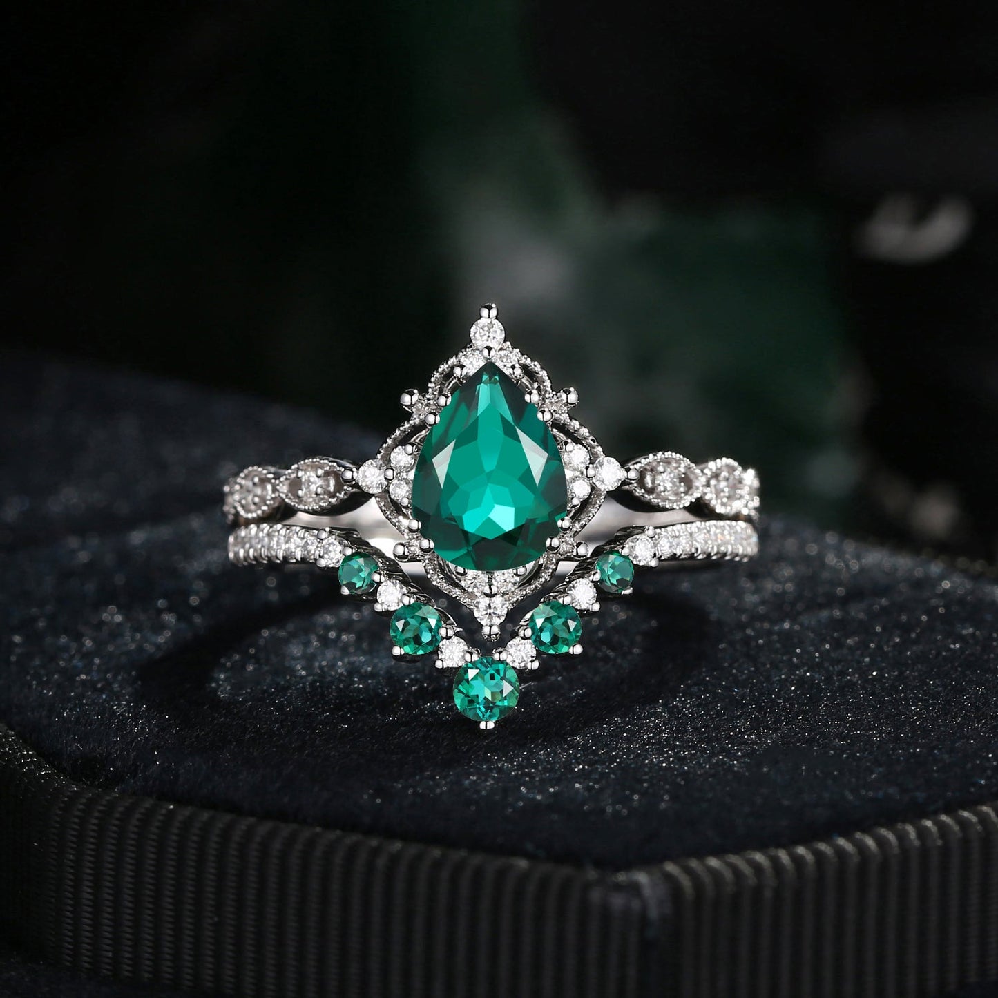 Antique Pear Cut Lab Emerald Engagement Ring 2pcs