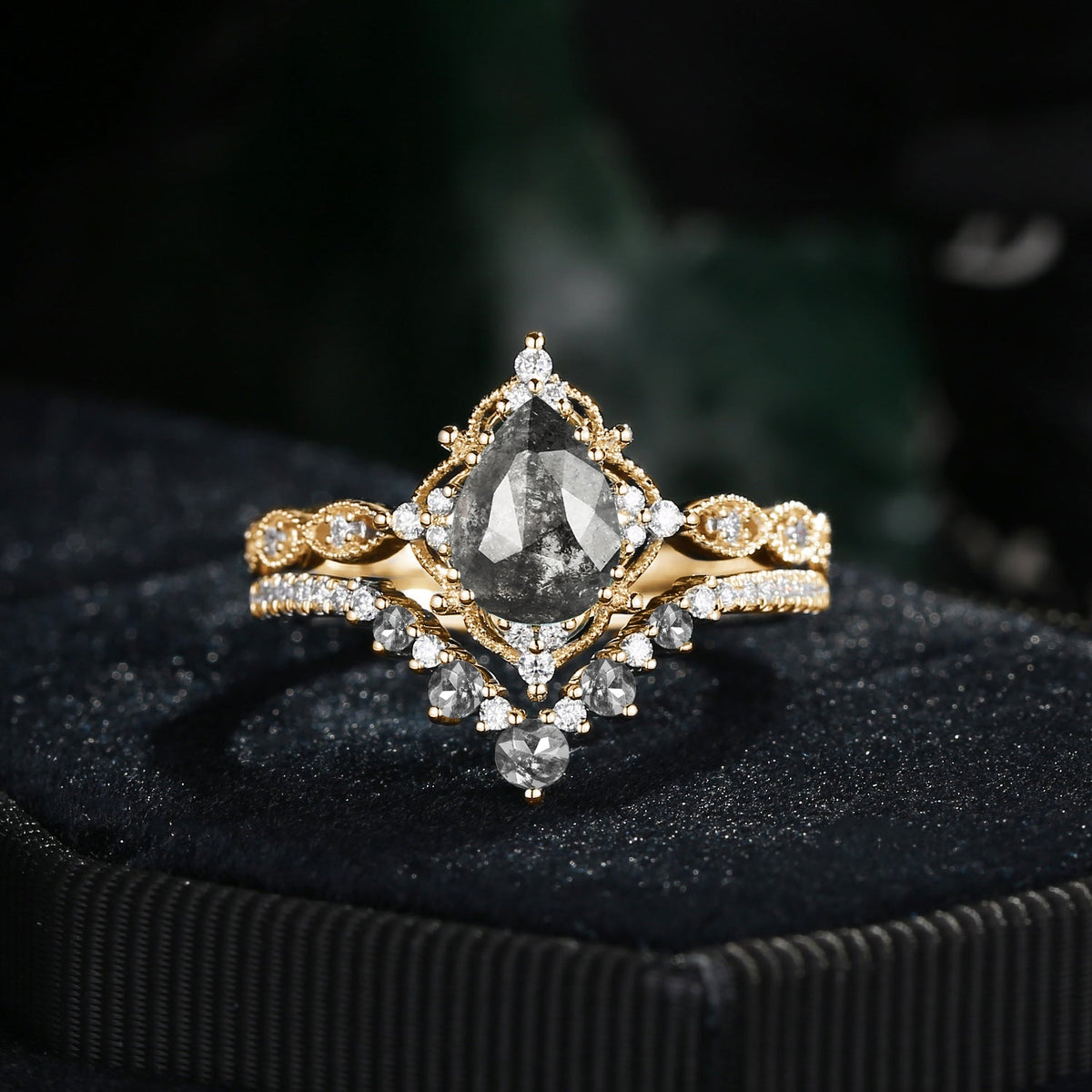 Vintage Inspired Antique Pear Cut Salt & Pepper Diamond Engagement Ring 2pcs