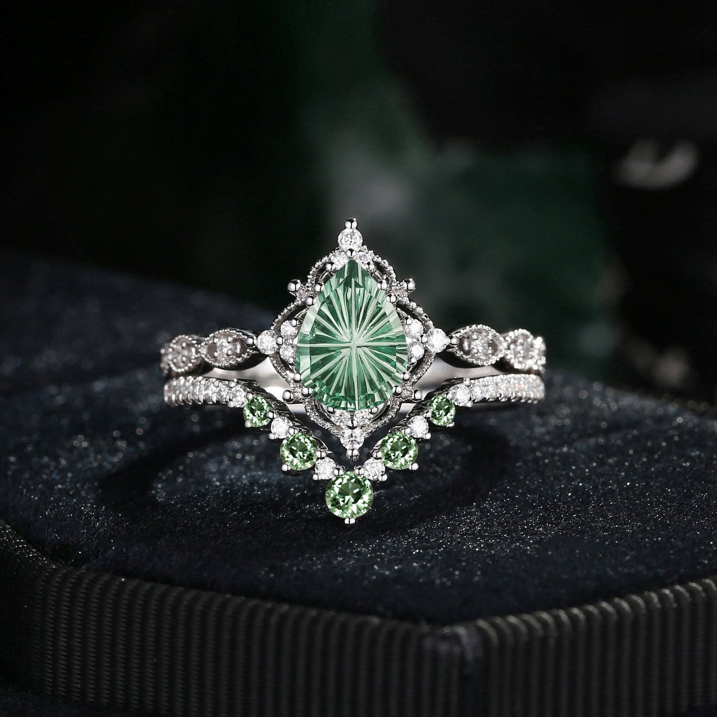 Antique Fantasy Carved Pear Lab Green Sapphire Engagement Ring