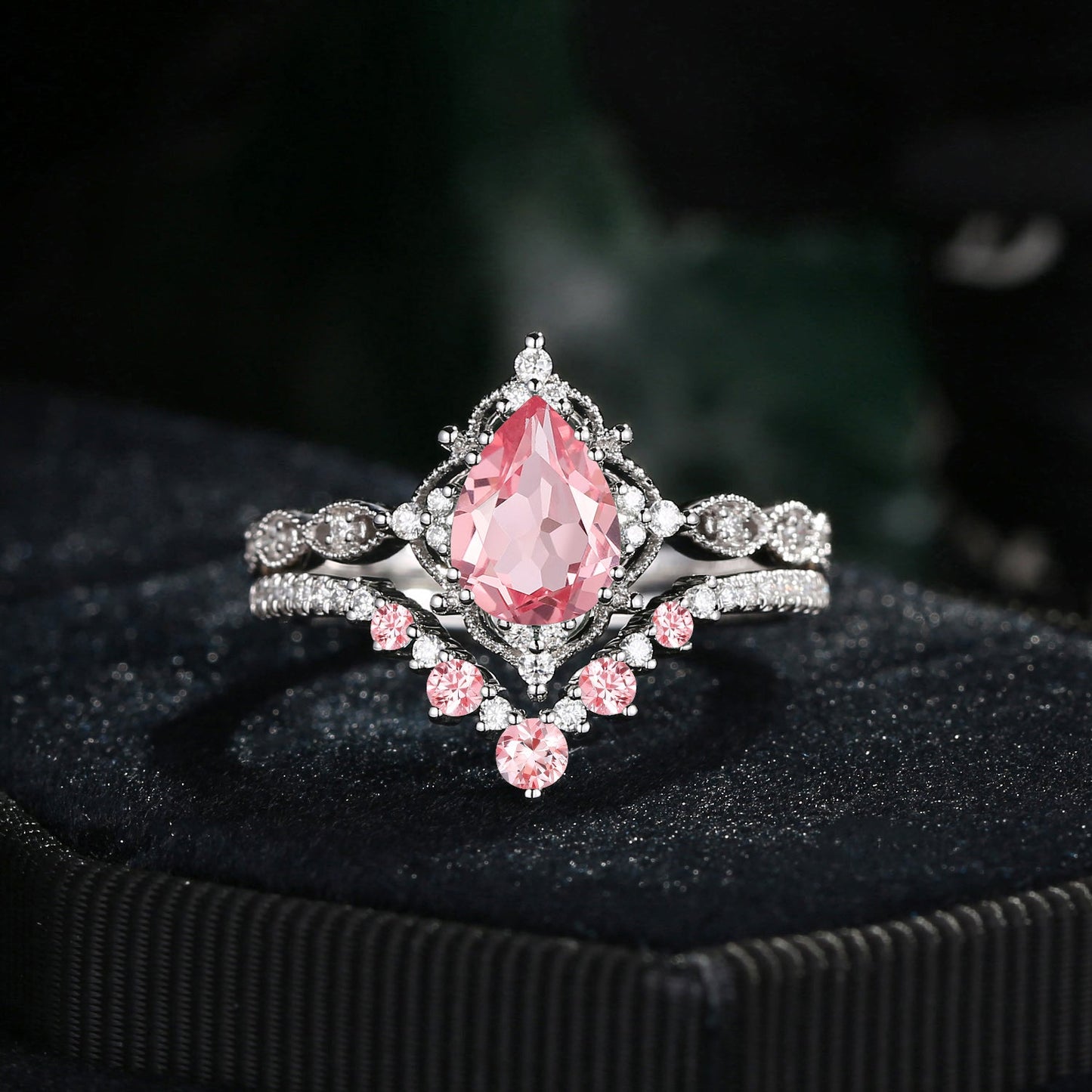 Antique Pear Cut Lab Pink Sapphire Engagement Ring 2pcs
