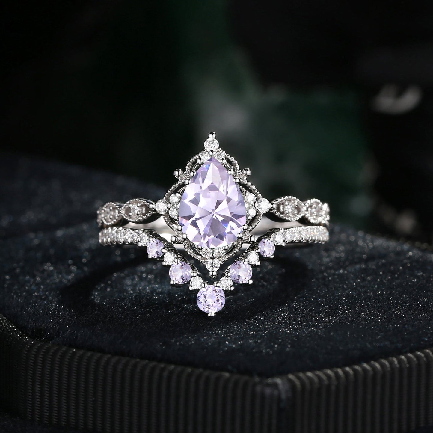 Antique Pear Cut Lab Lavender Sapphire Engagement Ring 2pcs
