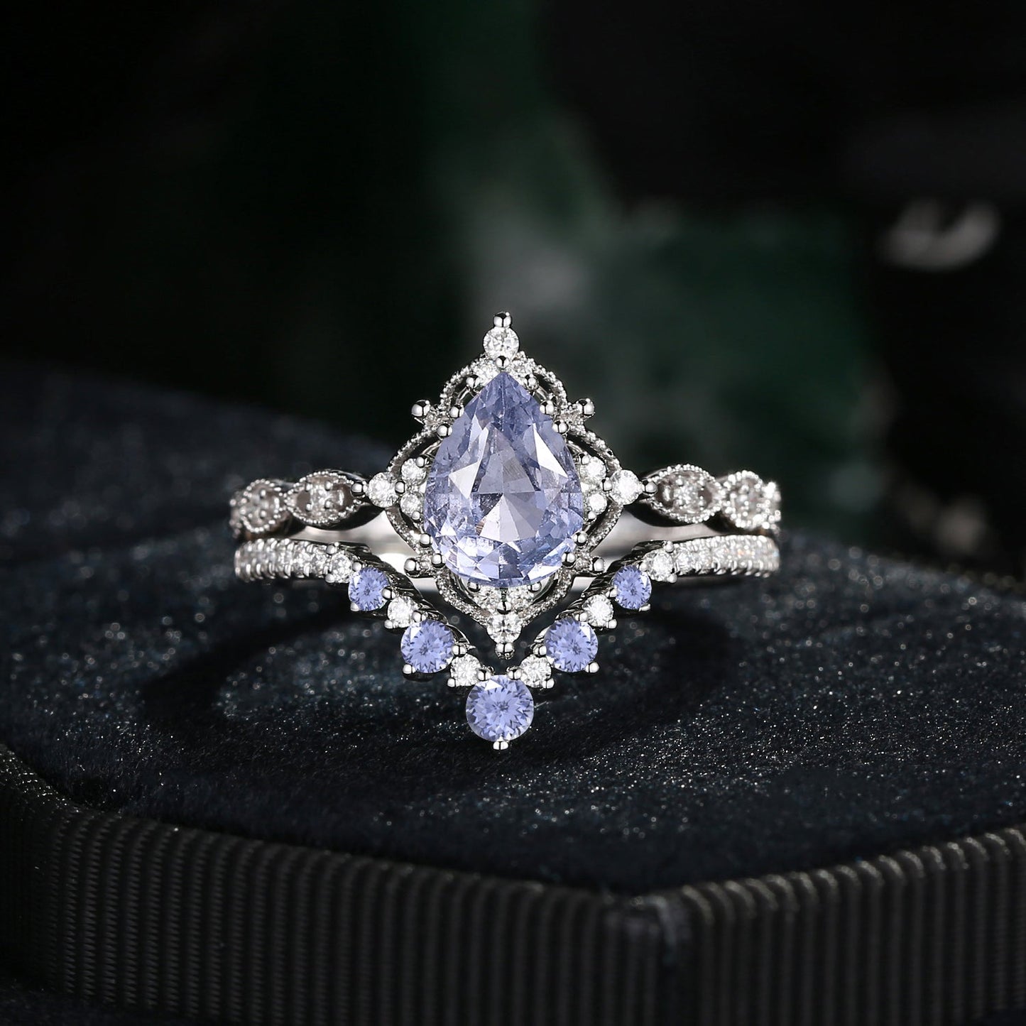 Antique Pear Cut Natural Spinel Engagement Ring 2pcs