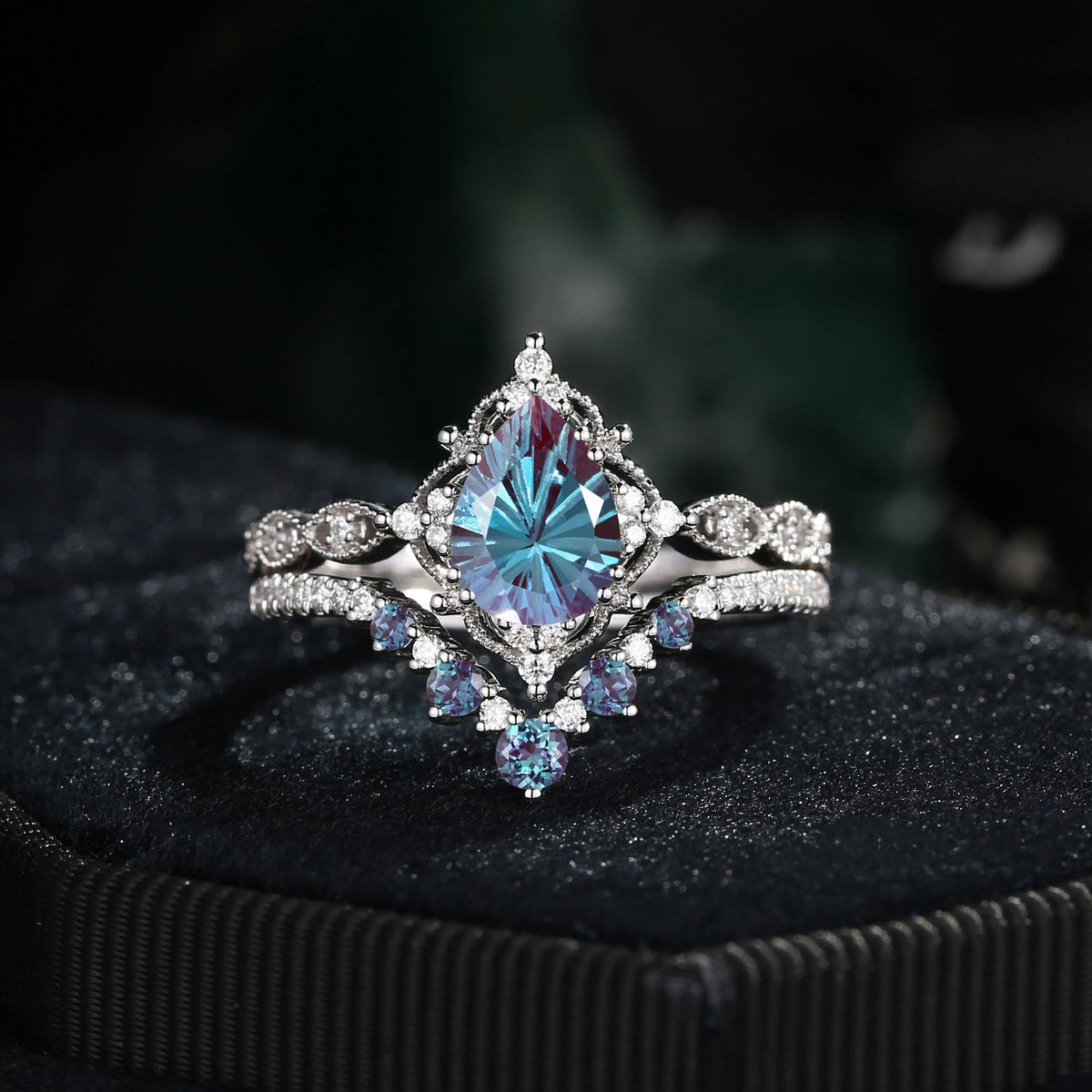 Antique Firework Cut Pear Shaped Lab Alexandrite Engagement Ring 2pcs