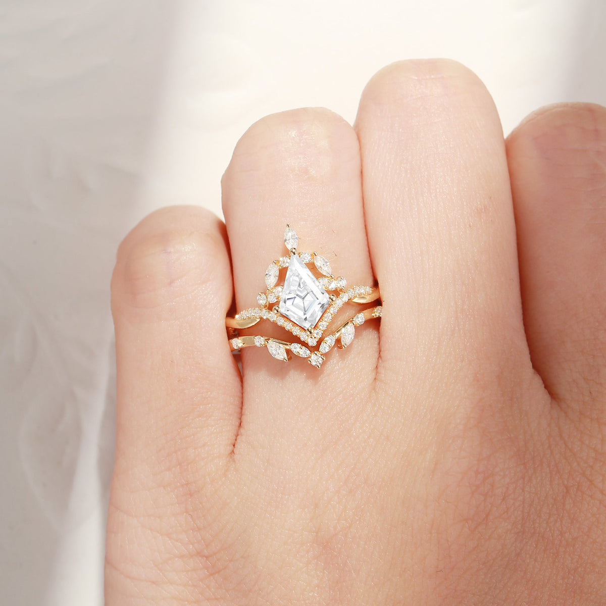 Kite Cut Moissanite Nature Inspired Cluster Engagement Ring Set 2pcs