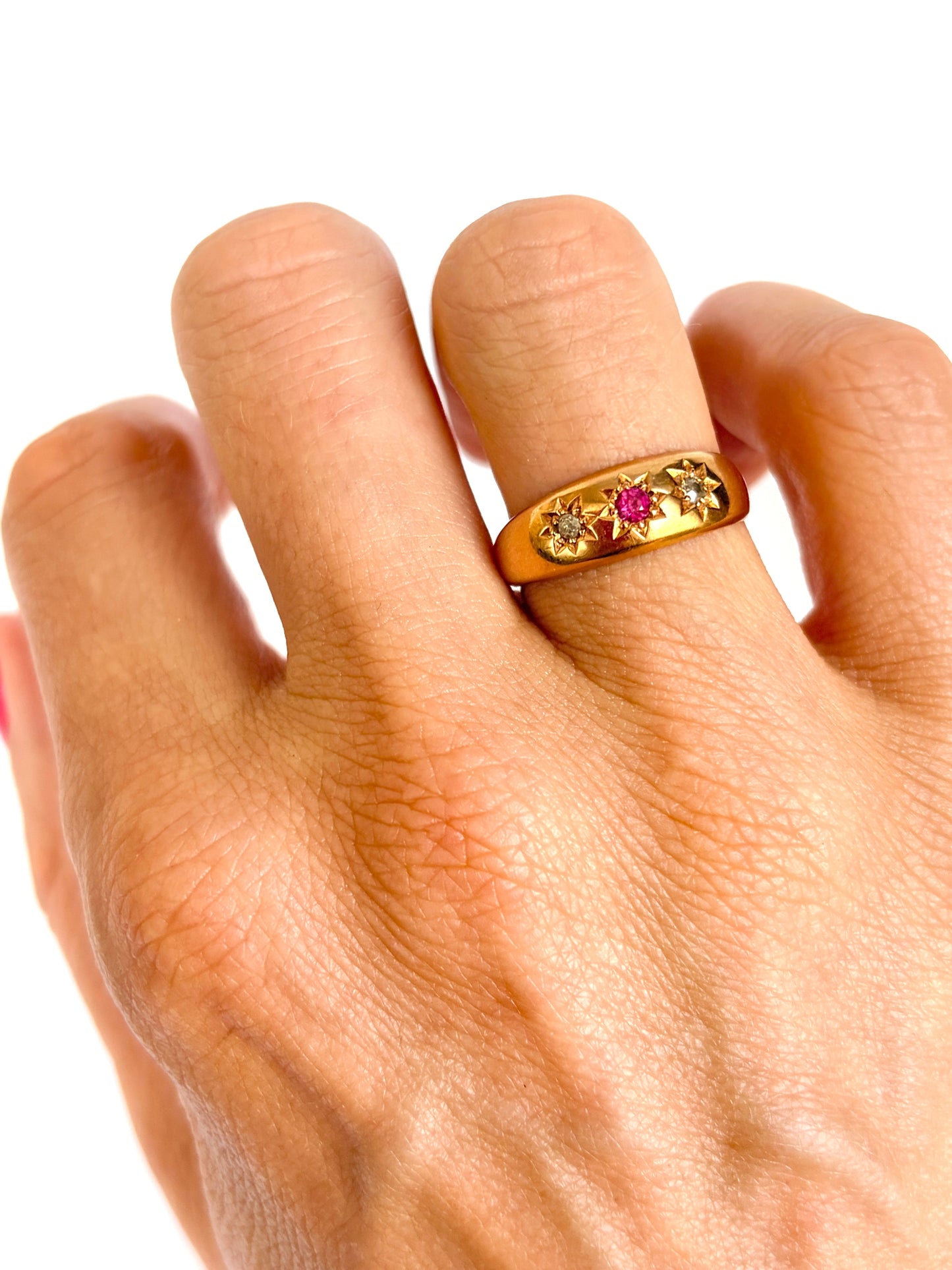Antique 18ct Ruby And Diamond Star Ring, Hallmarked for 18ct Gold, Birmingham 1906