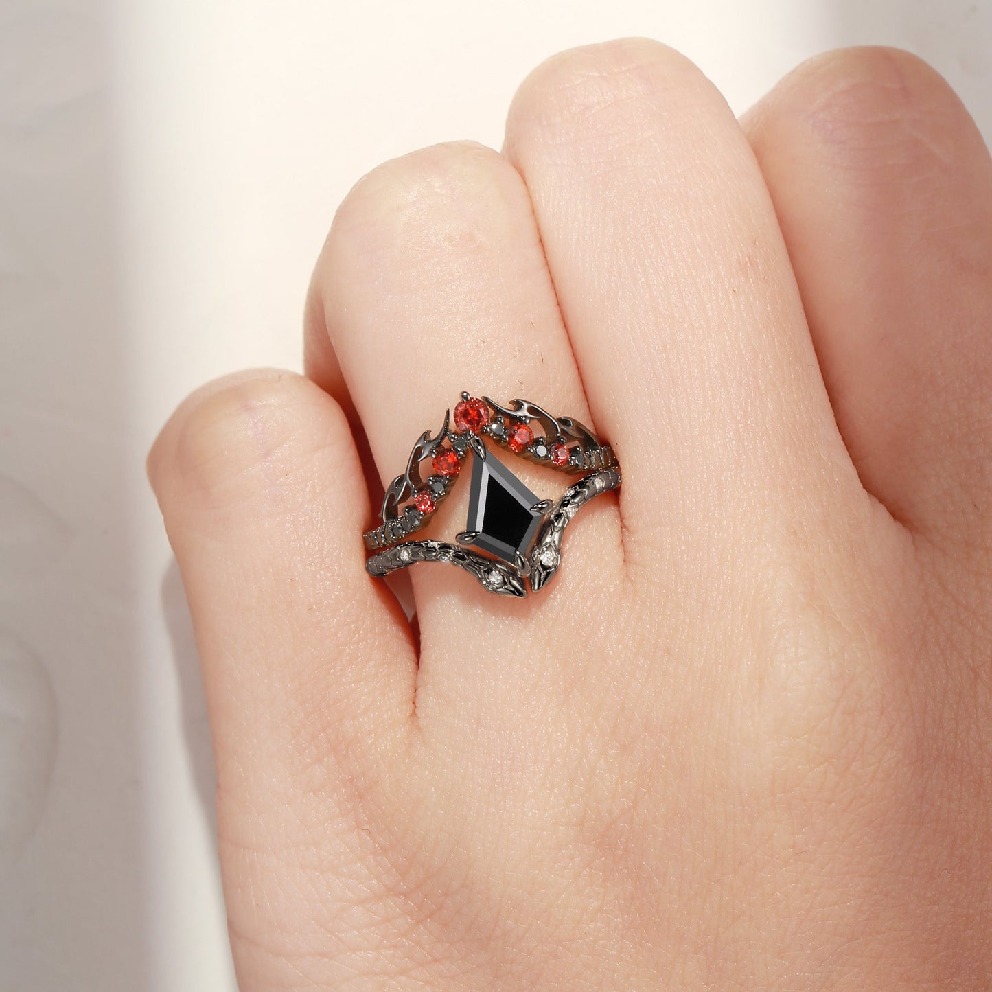 Gothic Kite Cut Black Moissanite 'Fiery Desire' Engagement Ring Set 2pcs - Serpent's Embrace