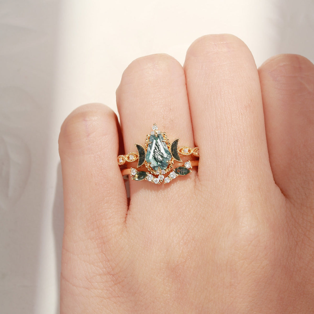 Crescent Moon | Coffin Cut Moss Agate 'Ultra Galaxy' Engagement Ring Set 2pcs