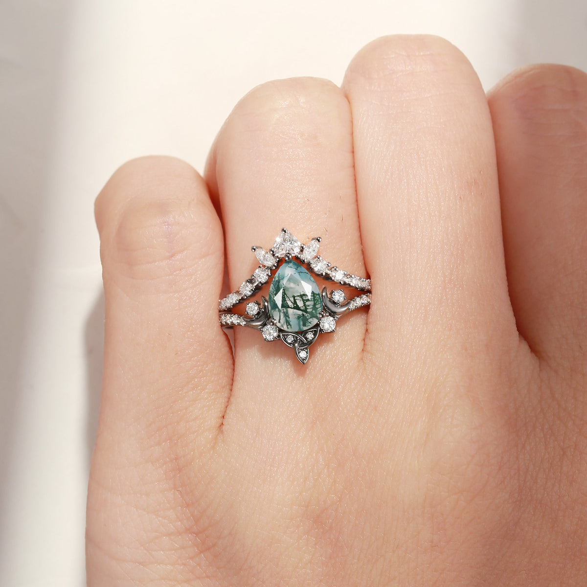 Celtic Moon 'Celestial Moon' - Pear Cut Moss Agate  Engagement Ring Set